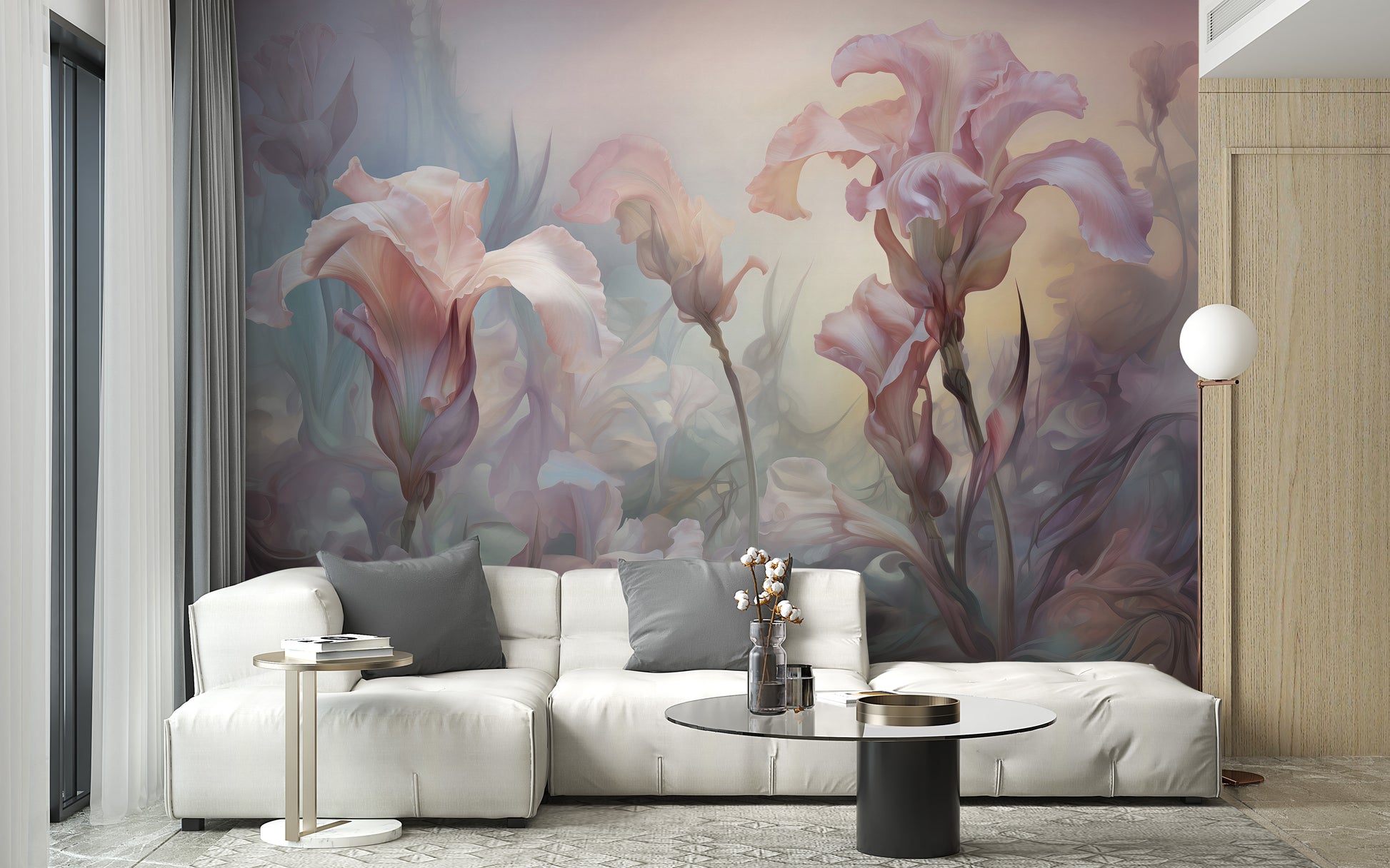 Iris pale pastel floral wallpaper mural for a soft, elegant ambiance.