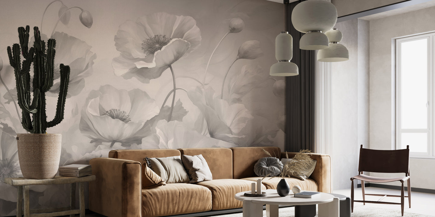 Grey floral peel and stick wallpaper for a modern, chic room.