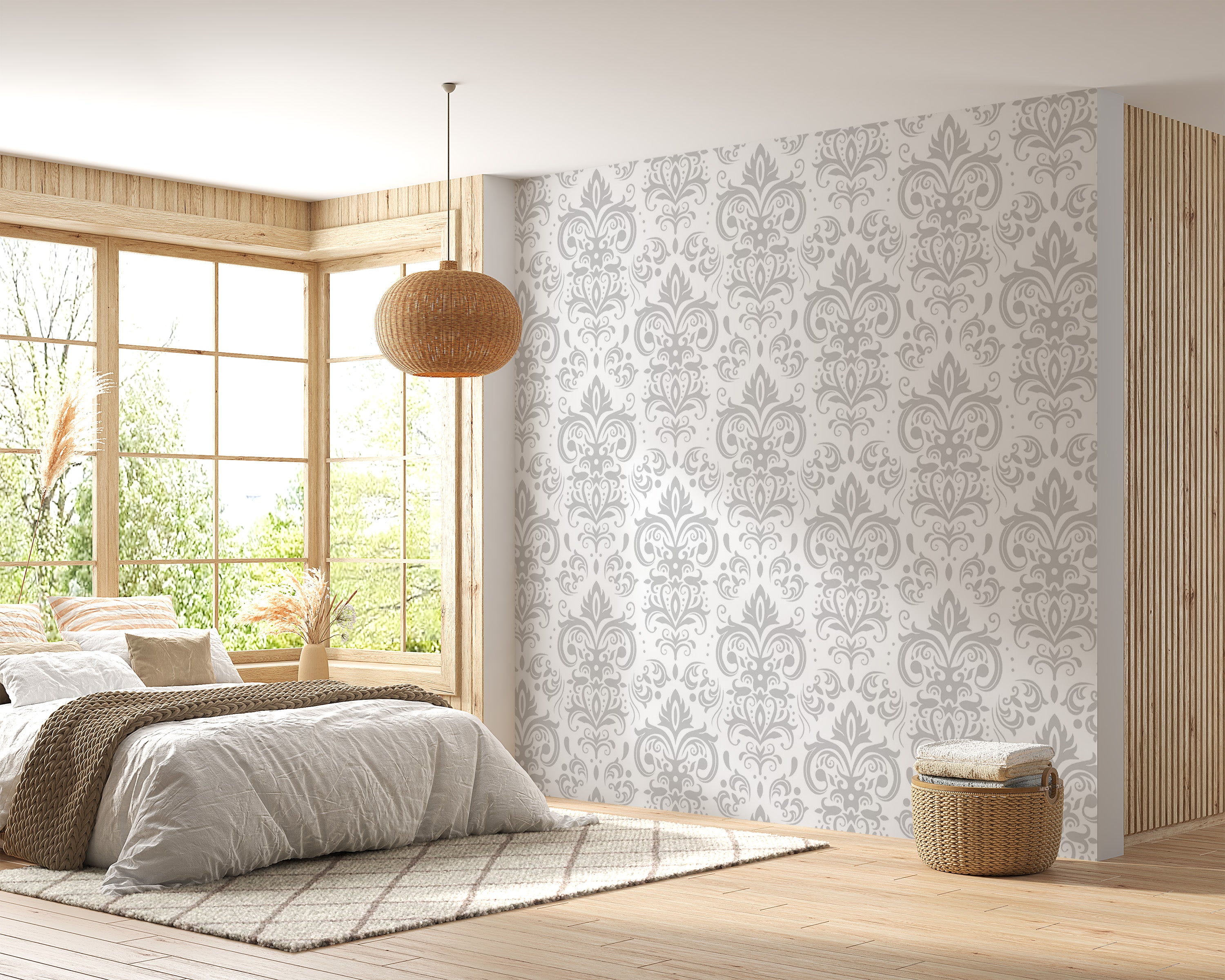 Removable Silver Damask Wallpaper for Interiors