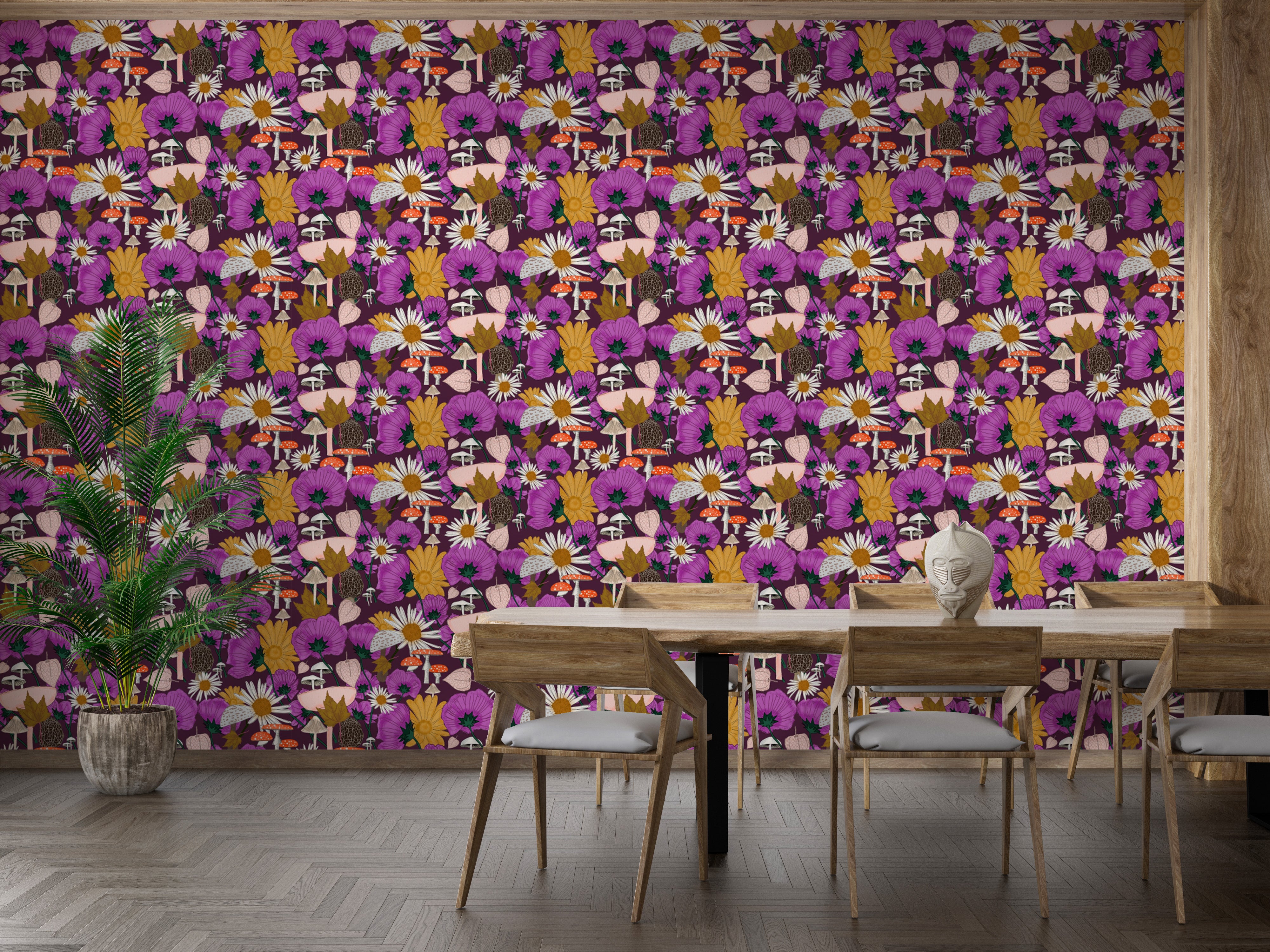 Whimsical Wild Flowers and Mushrooms Purple Wallpaper