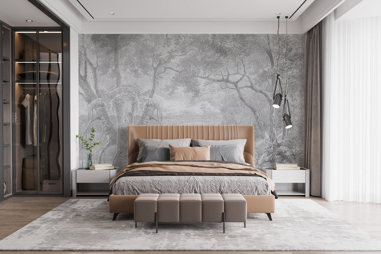 Gray Color Sketch Forest Wallpaper Murals for a Natural Look