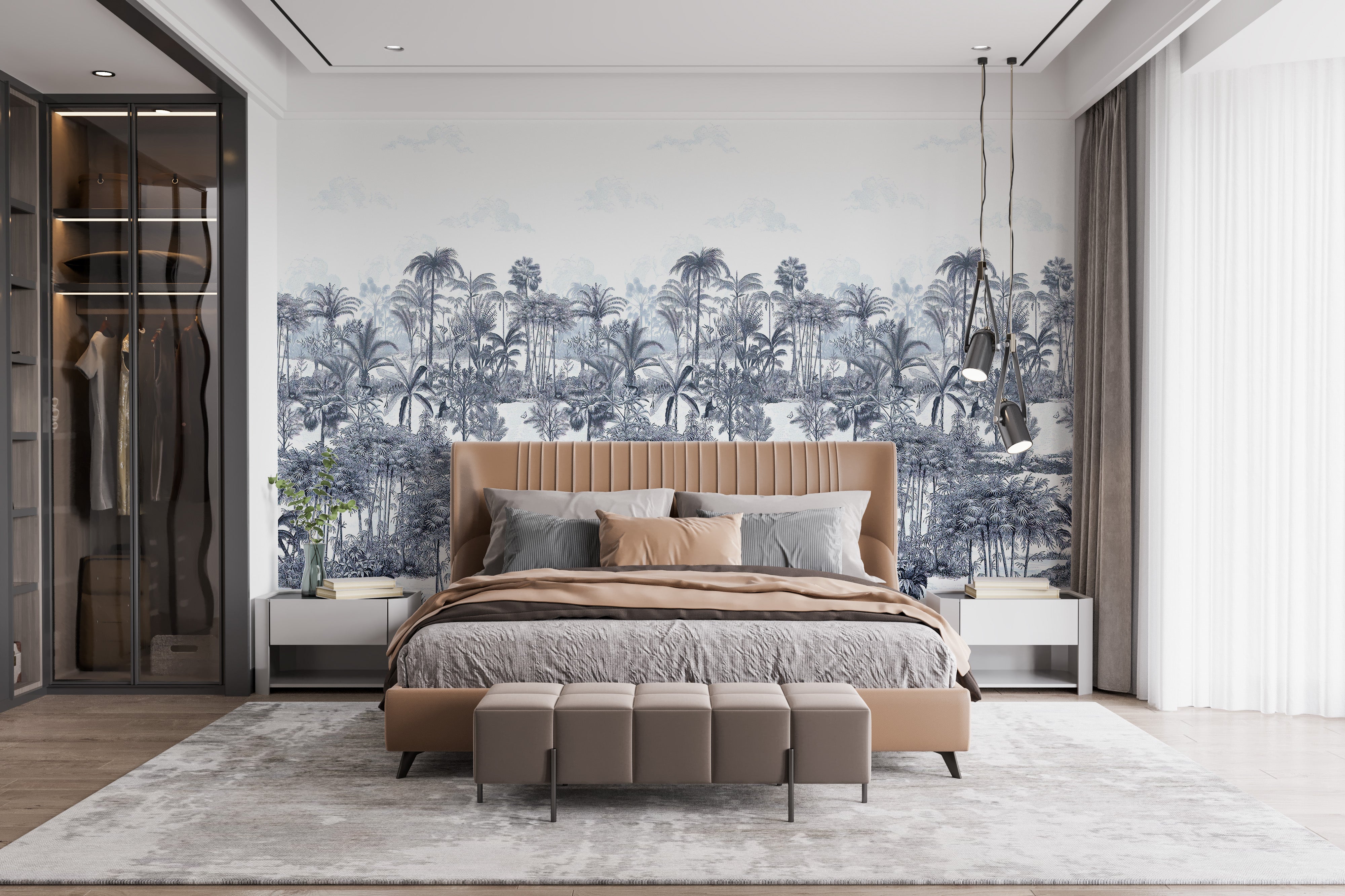 Blue shades palm trees wallpaper mural design
