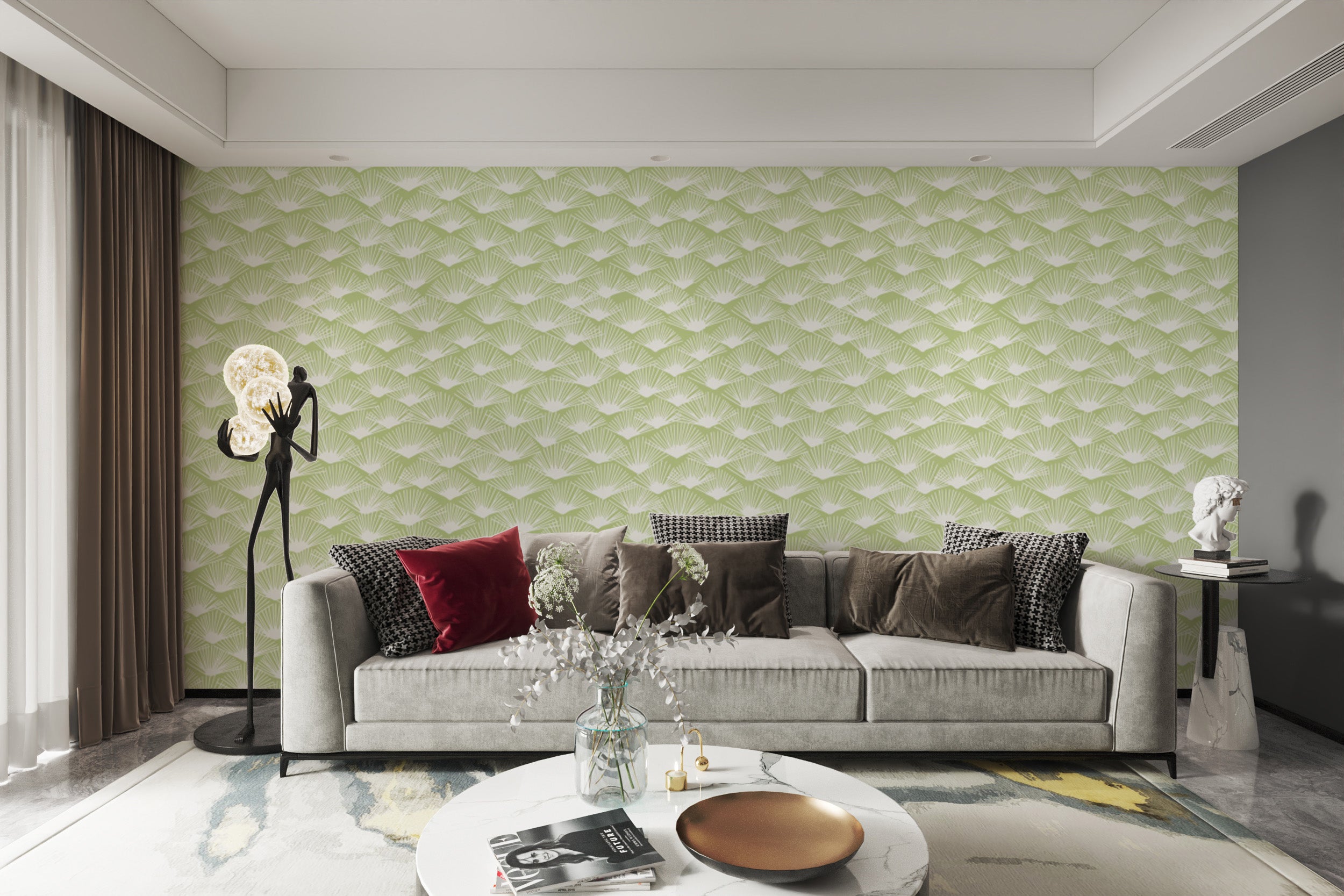 Tropical Sage wallpaper with intricate fan-inspired patterns.
