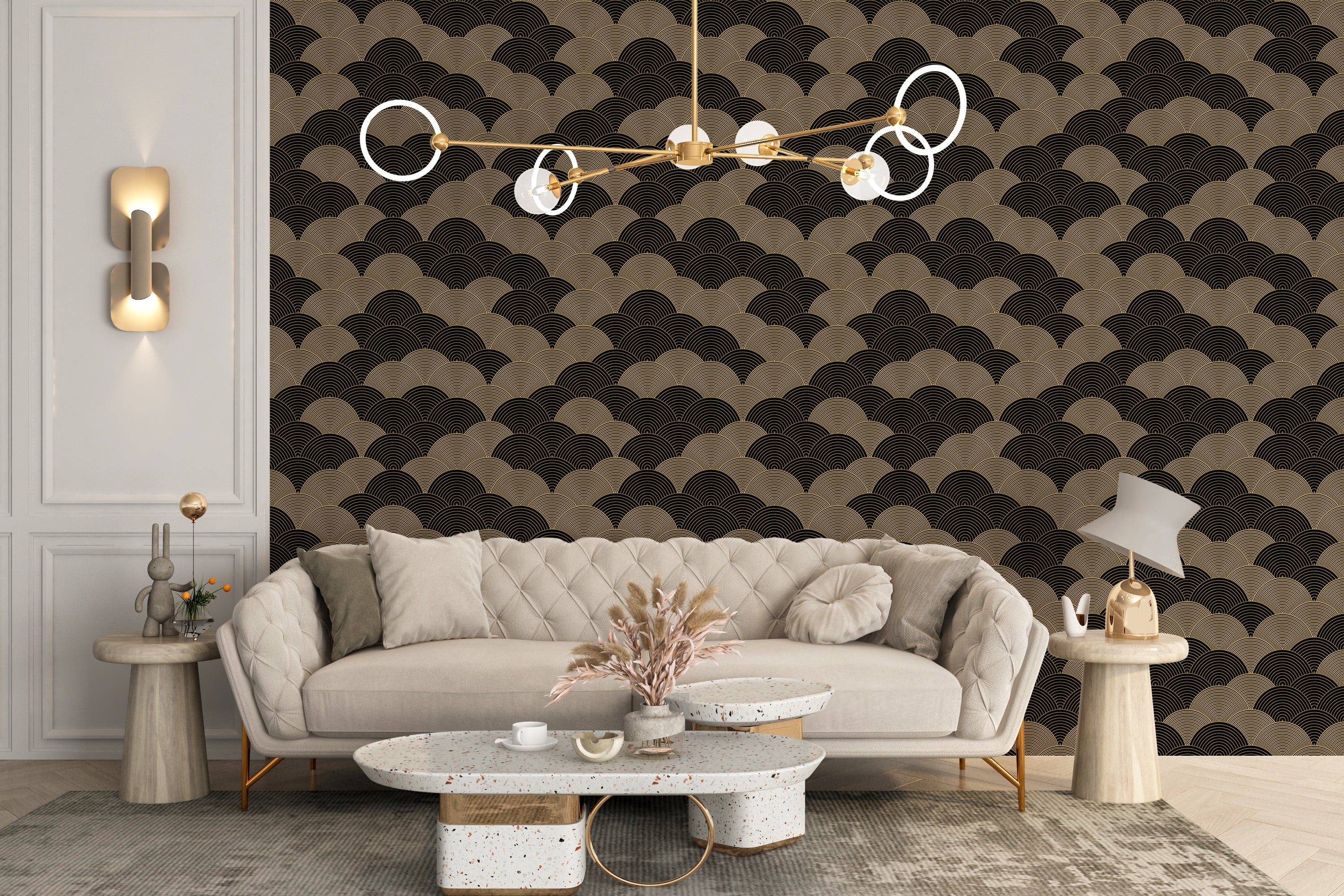 Luxurious ocean wave wallpaper in gold tones