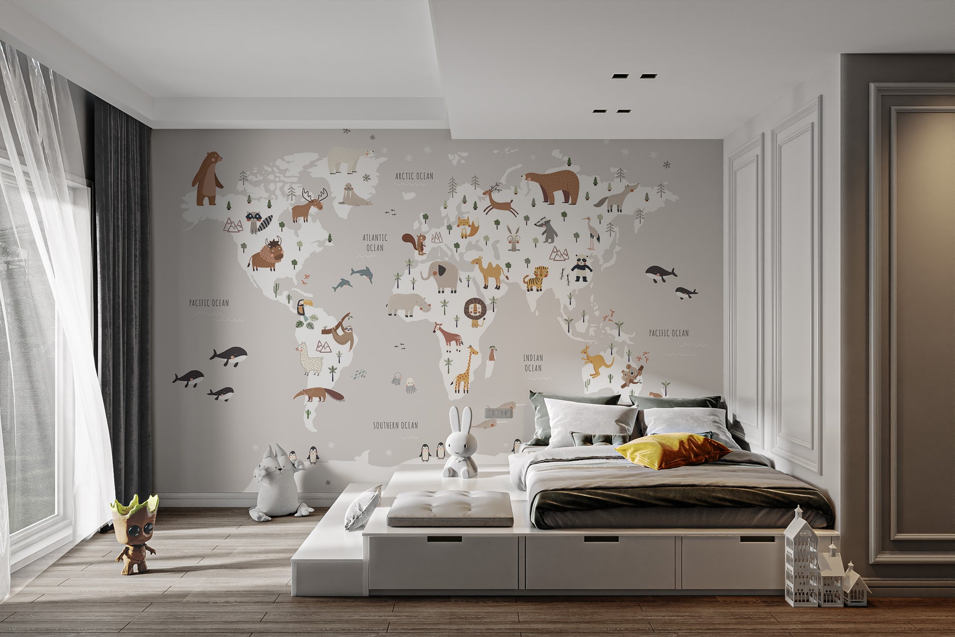 Gray kids wallpaper with animal world map theme
