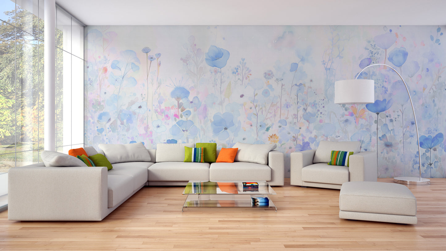 Brighten your room with watercolor happy flowers blue wallpaper design.
