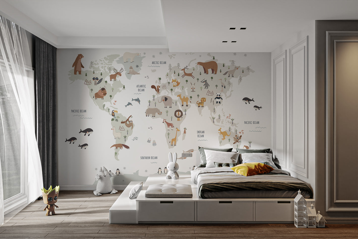 Playroom world map mural with illustrated animals
