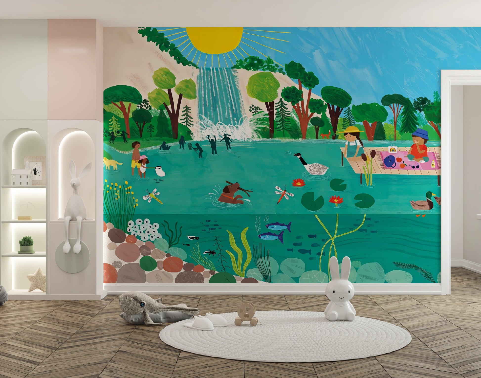 Sunny lakeside wallpaper for playful kids rooms