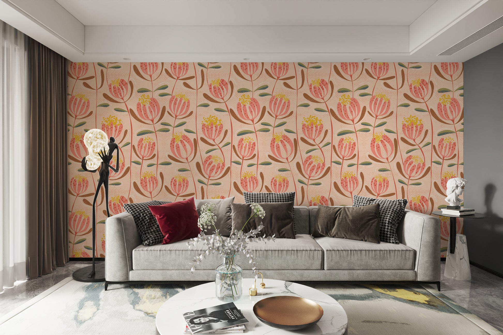 Chic floral wallpaper in soft peach tones