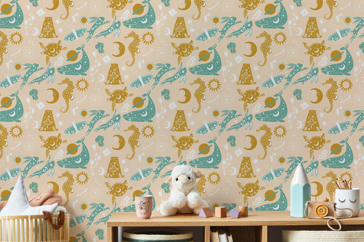 Playful night-themed animal wallpaper design
