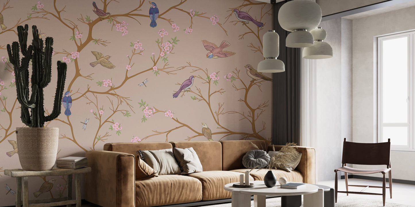 Beige Chinoiserie Wallpaper elevates living room aesthetics