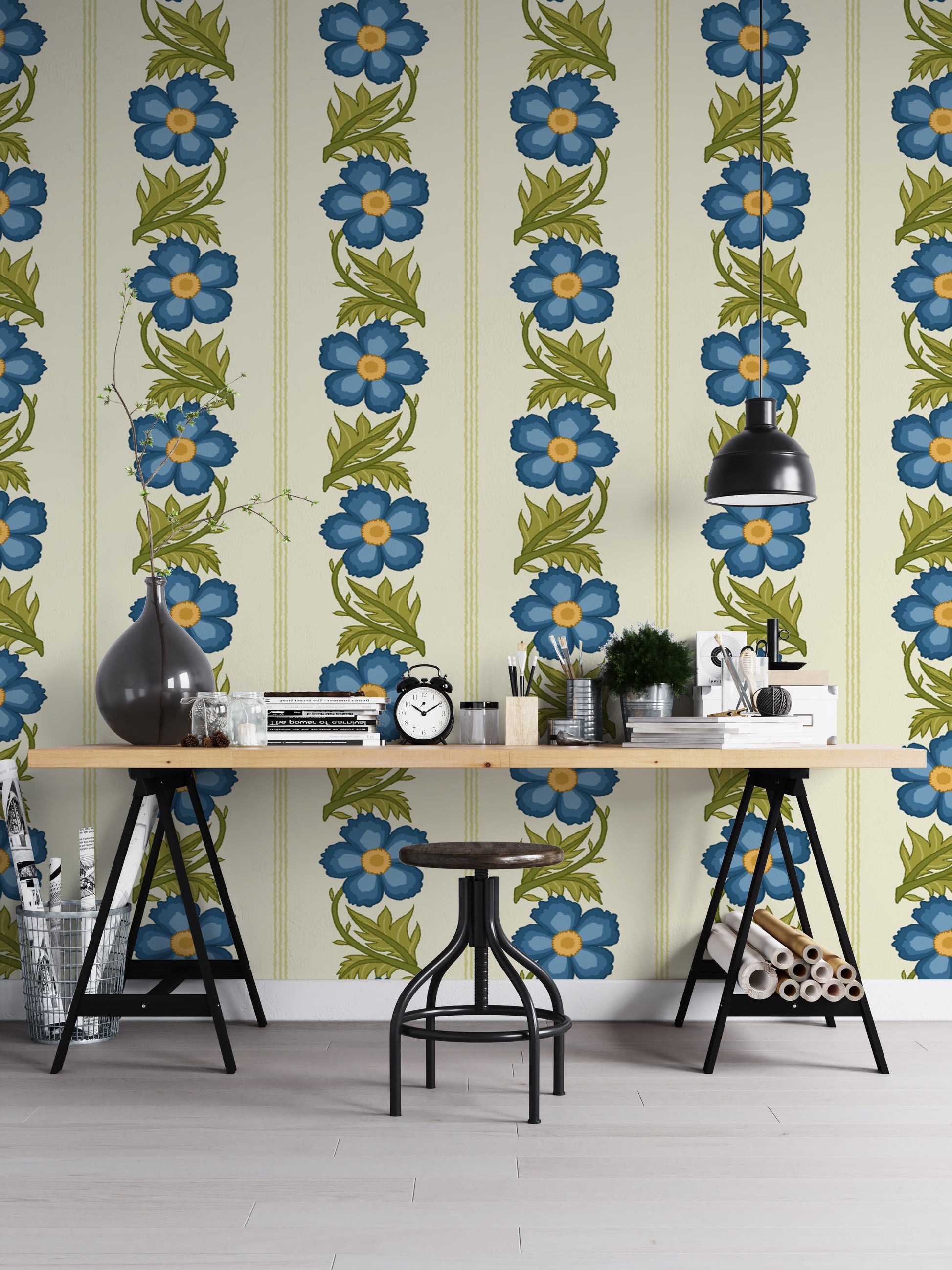 Sophisticated blue floral stripe mural for refined interiors.
