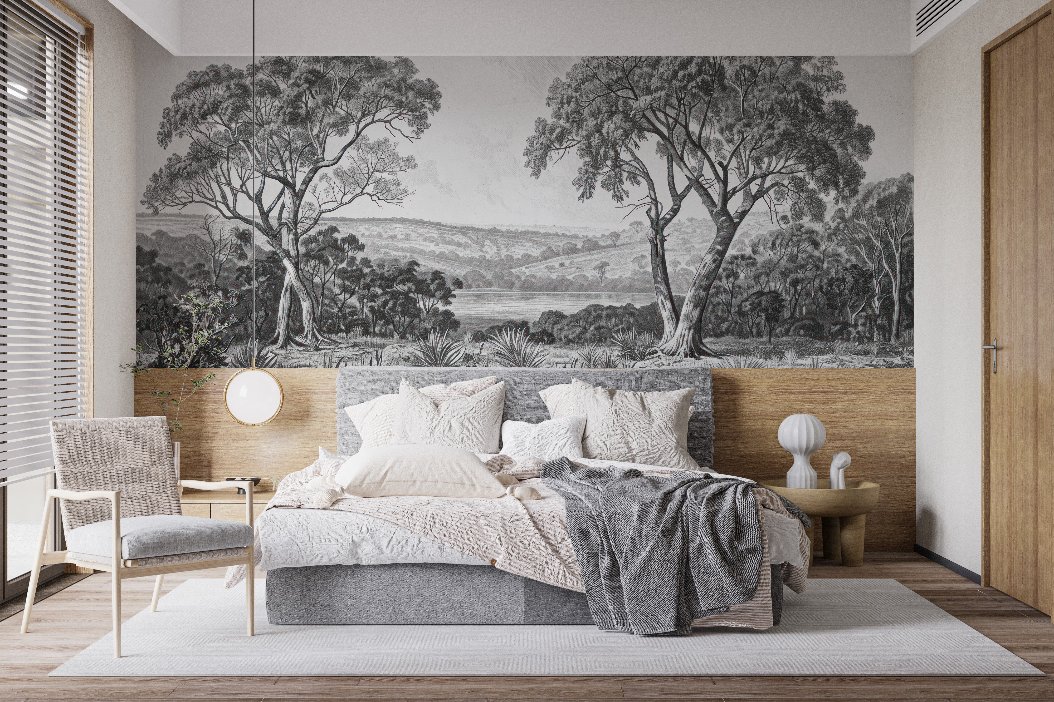 Scenic fog-covered trees wall mural design
