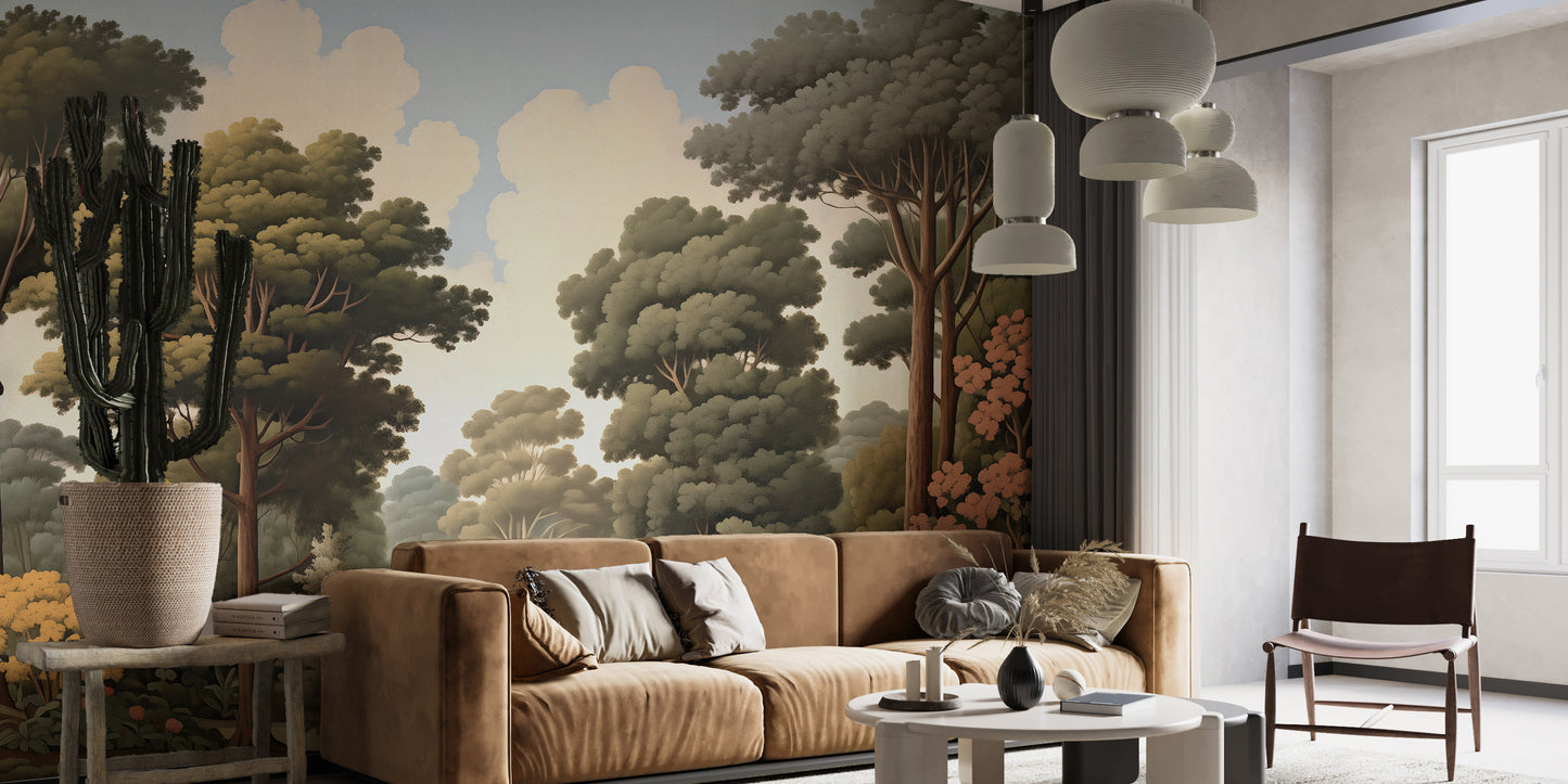 Add a touch of nature with forest woodcut green mural wallpaper.
