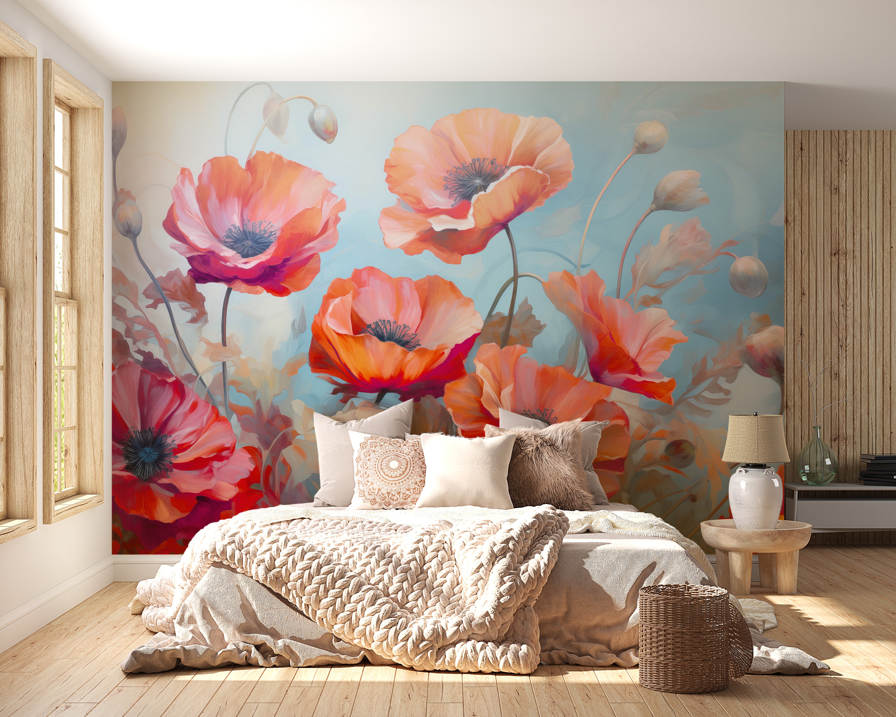 Transform your space with wild poppies red and blue flower wallpaper.