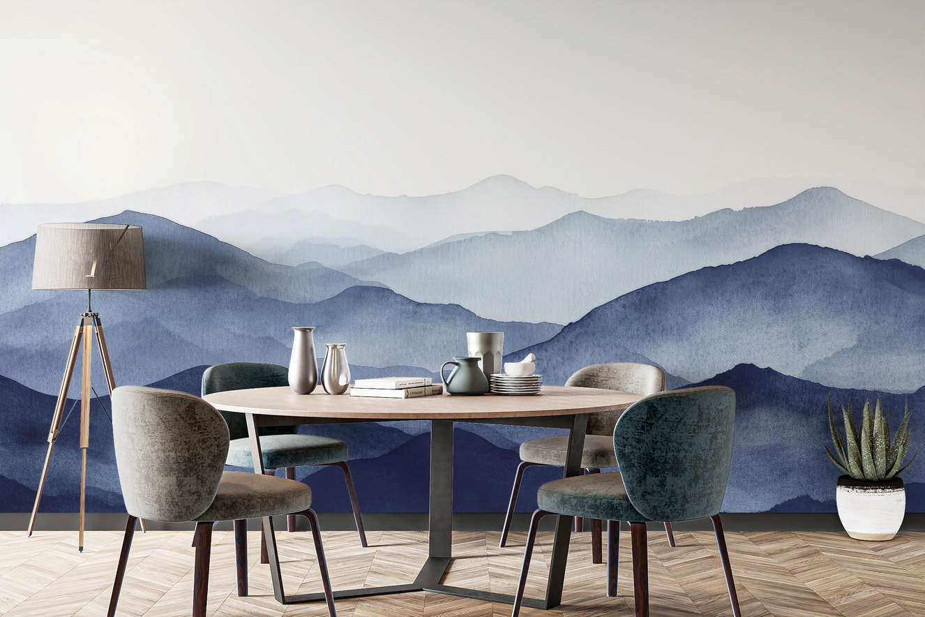 Watercolor mountain design brings tranquility to dining spaces