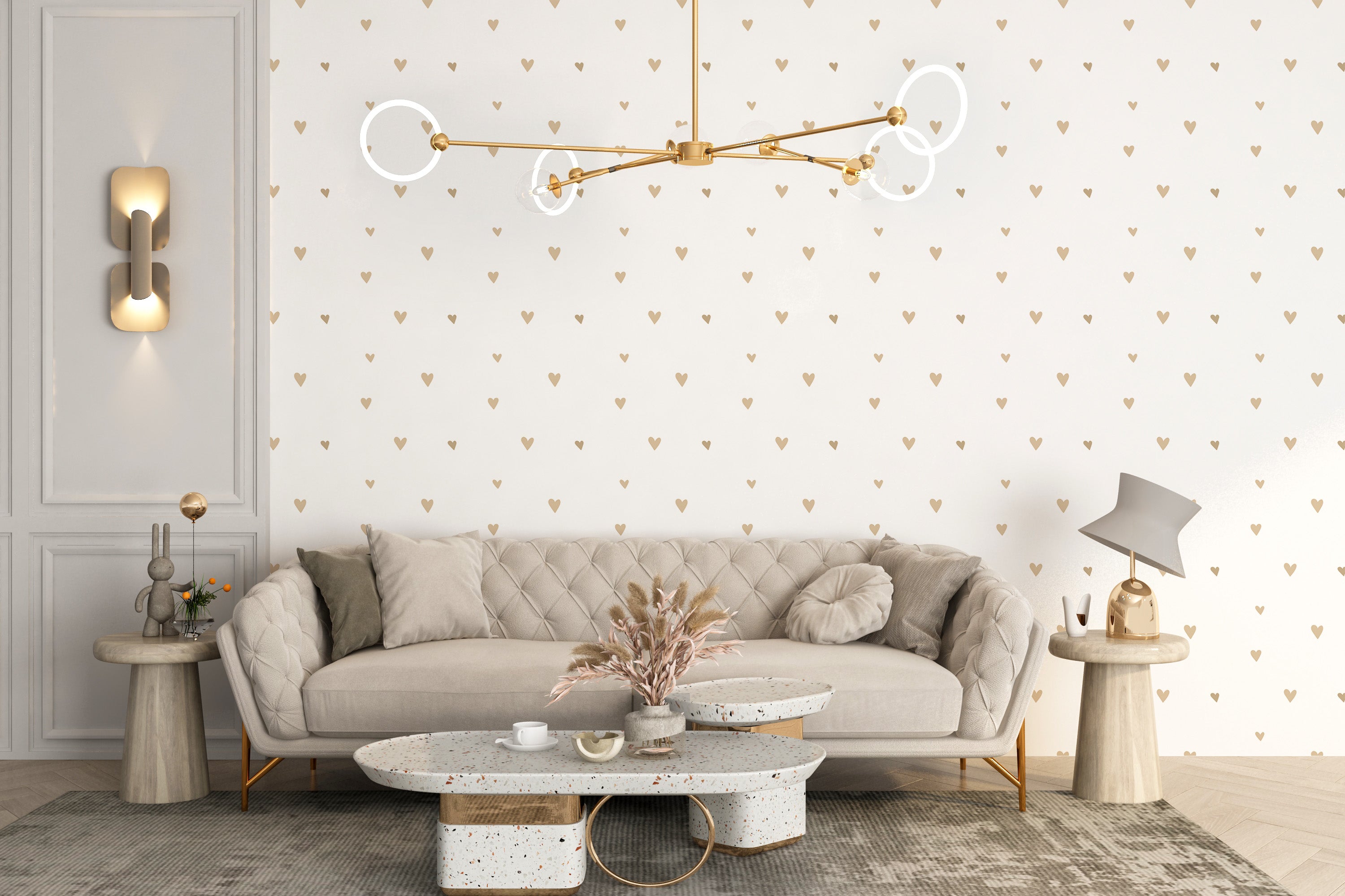 Subtle heart wallpaper in beige and gold