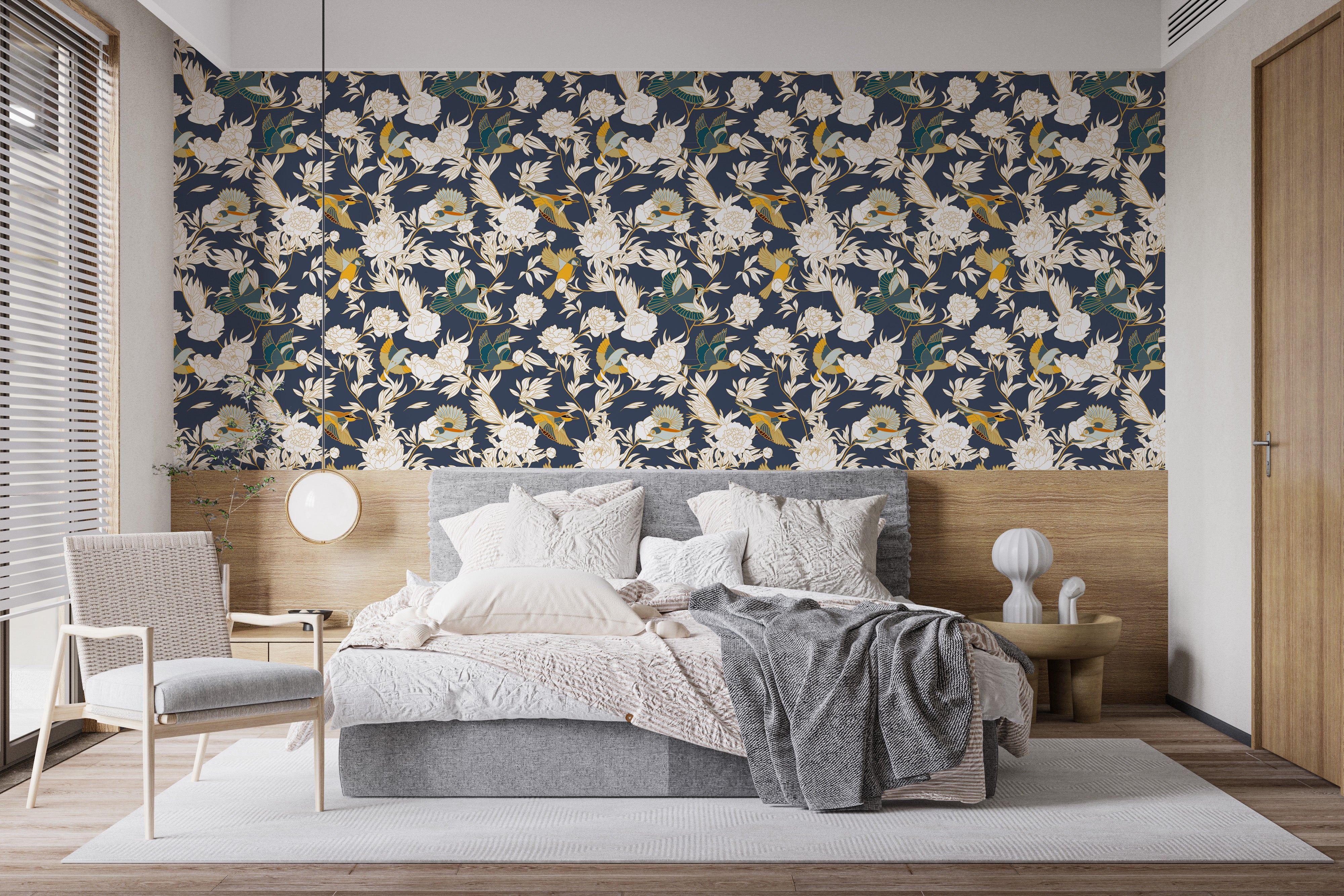 Refreshing birds and peonies wall design