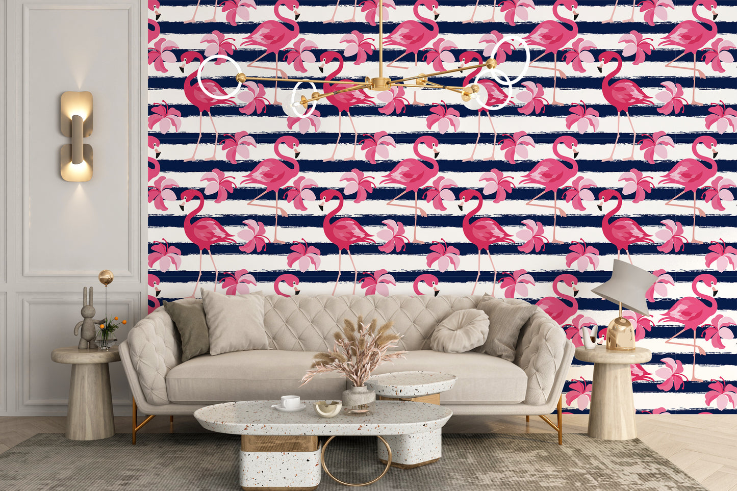 Blue Stripes & Pink Flamingo Wallpaper