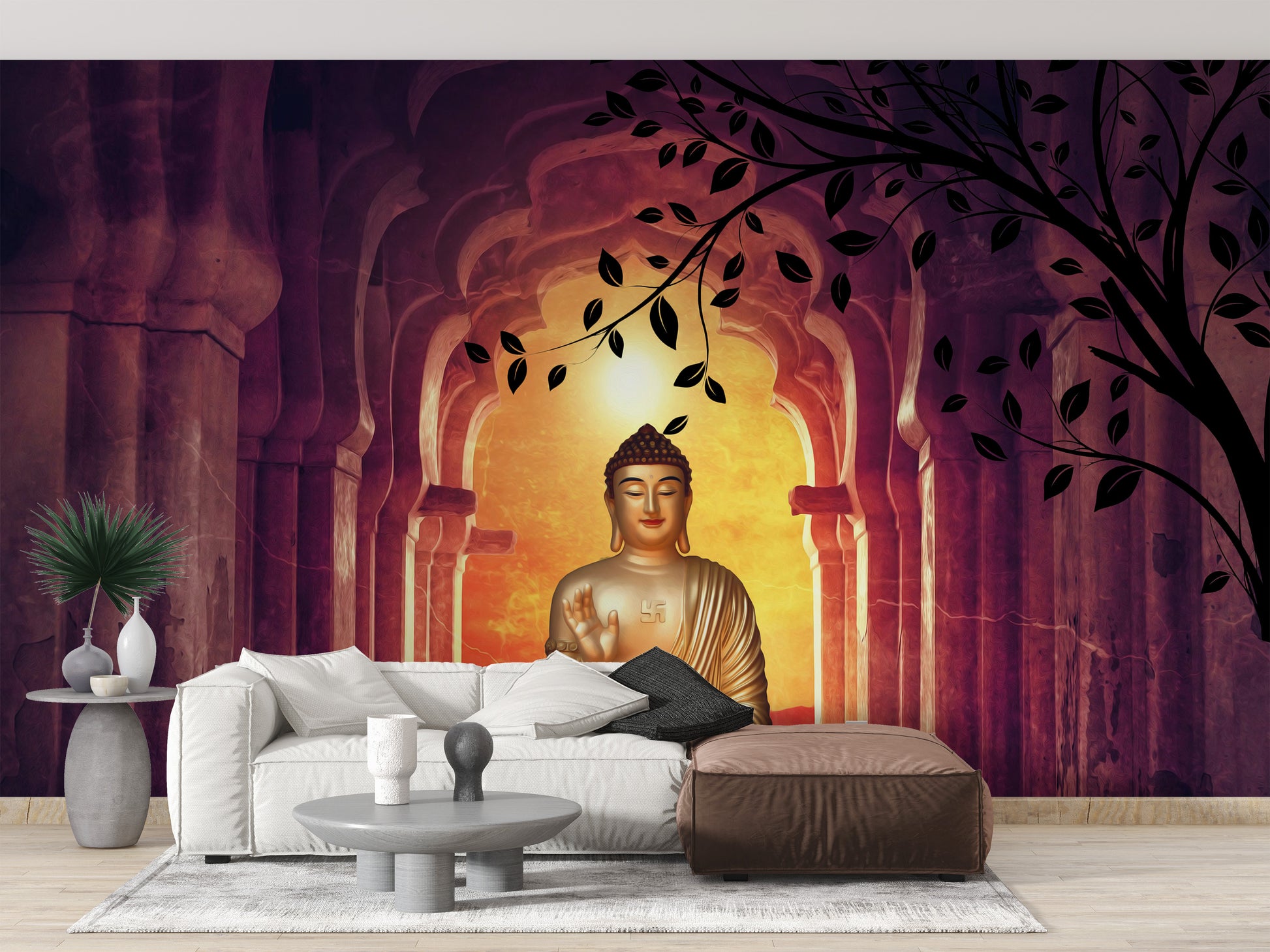 Ancient Buddha mural with temple backdrop