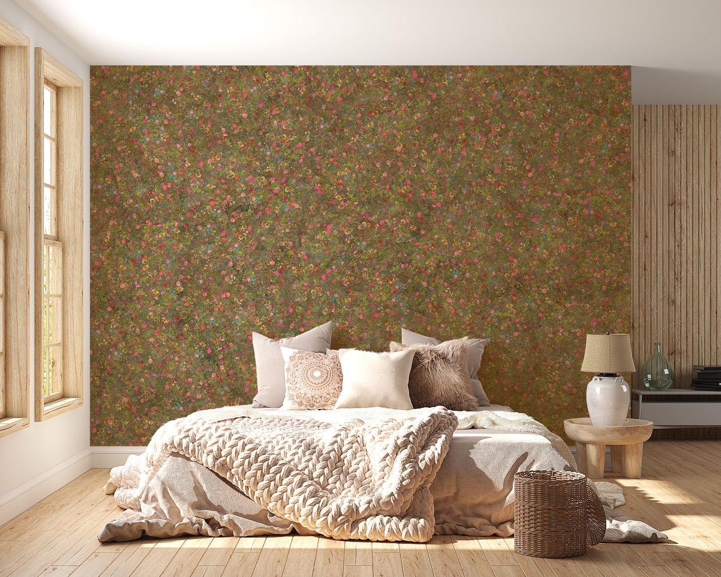 Green wallpaper mural with spring florals
