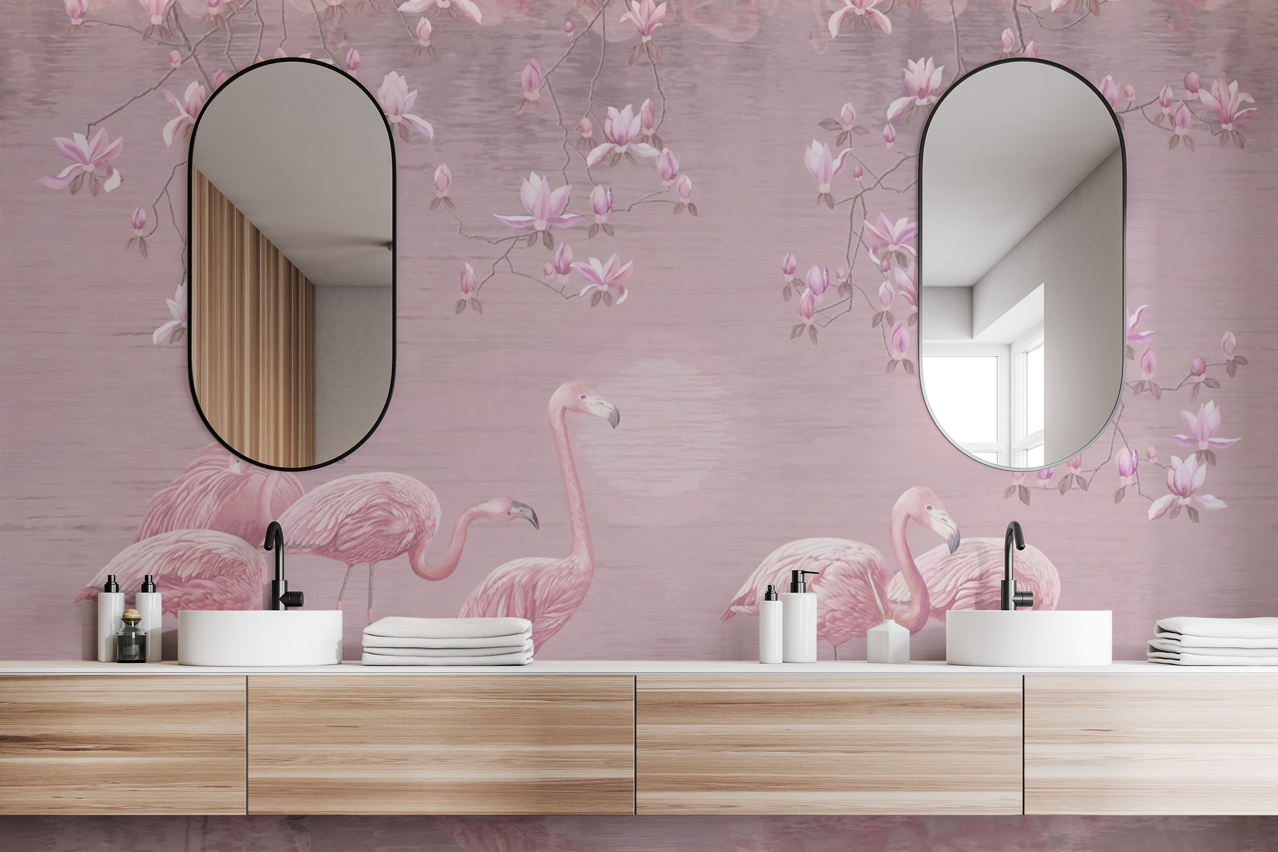 Serene pink floral mural with flamingo accents