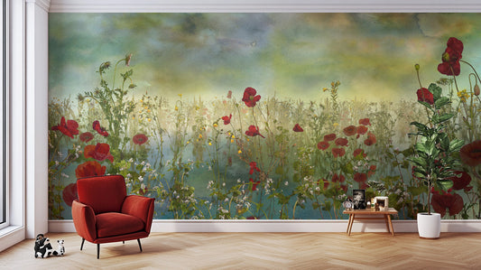 Watercolor poppy flower green wallpaper for a fresh, vibrant look.