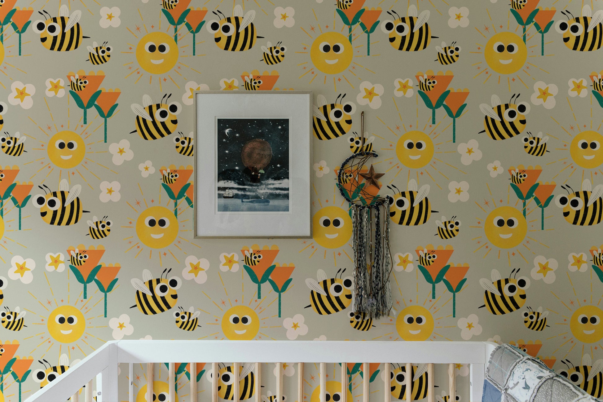 Playful wallpaper featuring buzzing bees and flowers
