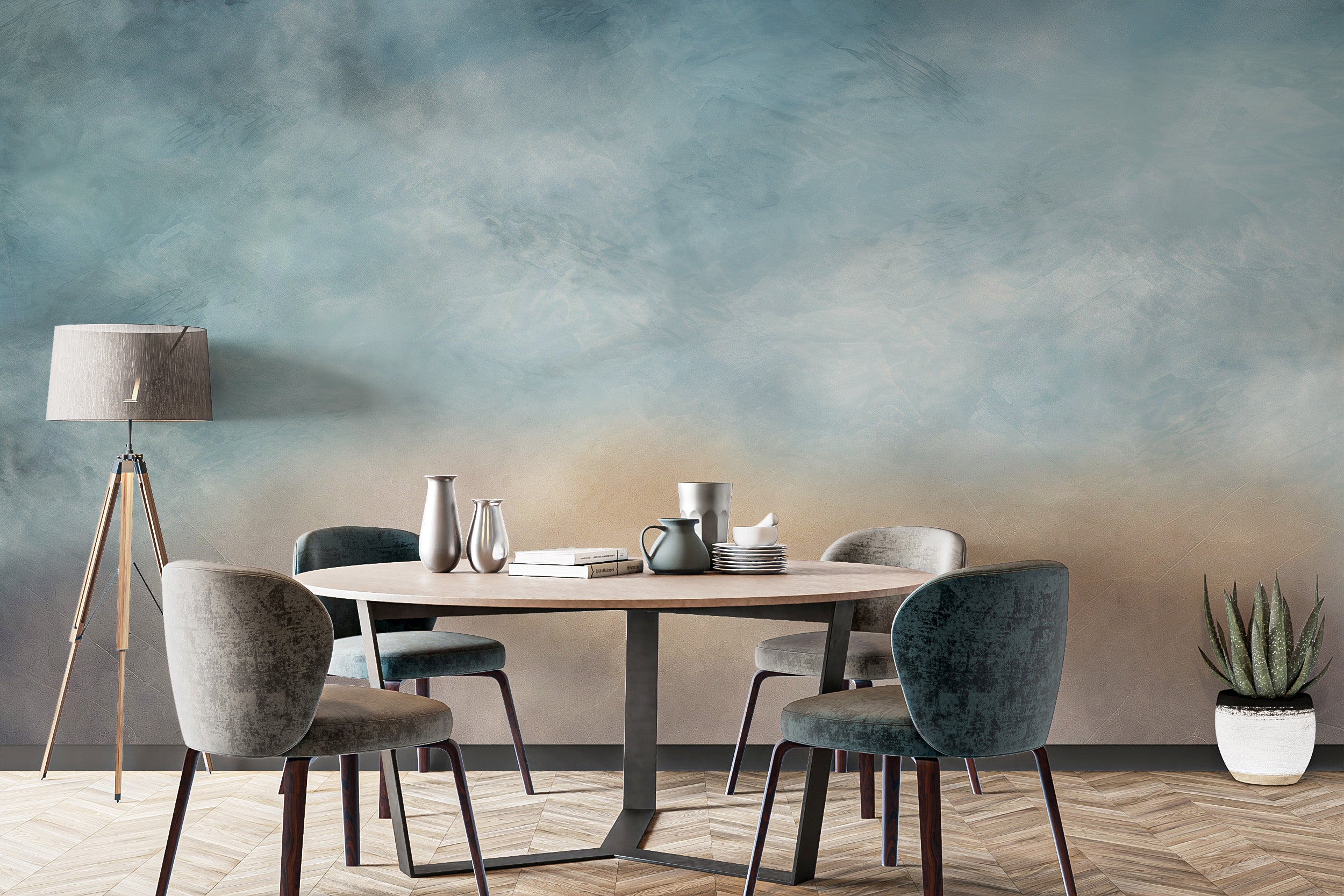 Create a serene dining experience with ombre cloud wall mural