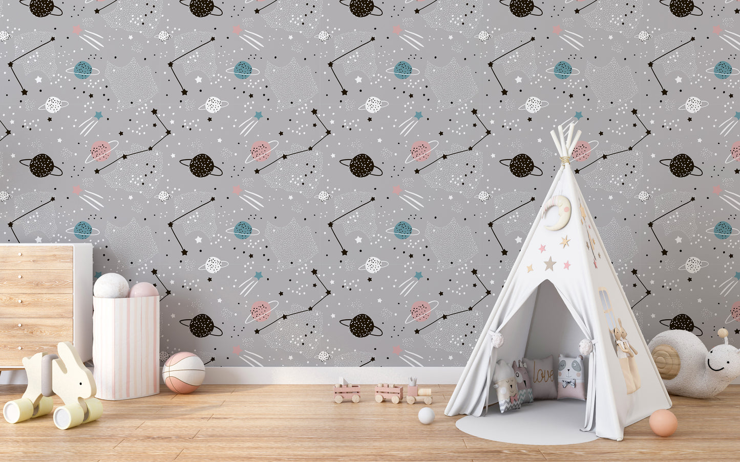 Kids' space wallpaper with cosmic details
