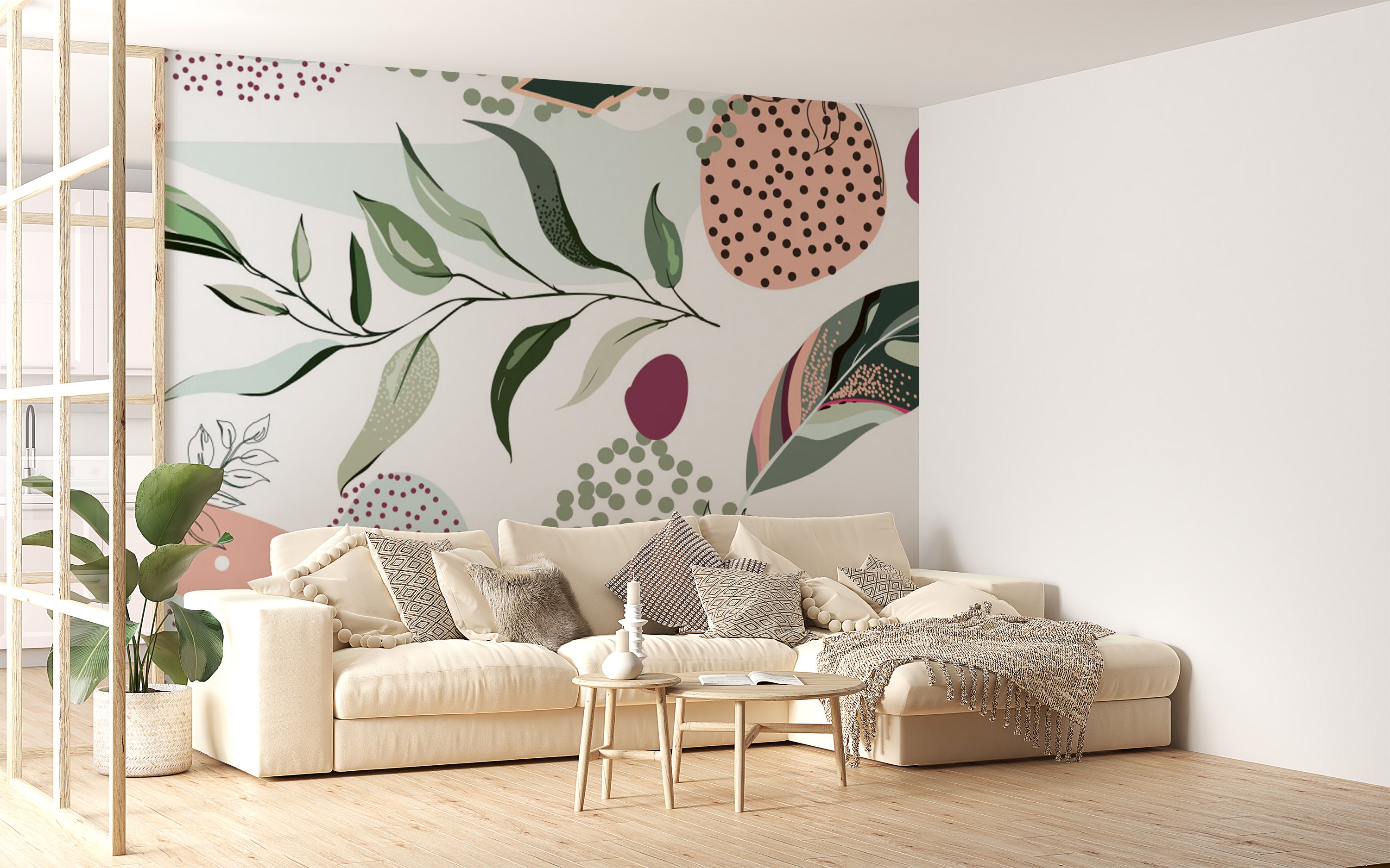 Modern botanical wallpaper with abstract leaf patterns.