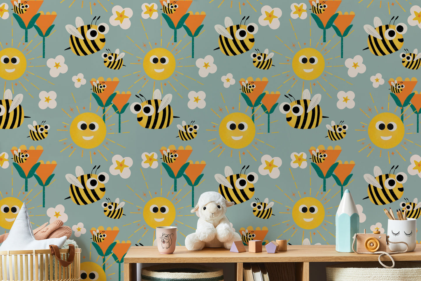 Sunshine and bee pattern wallpaper mural
