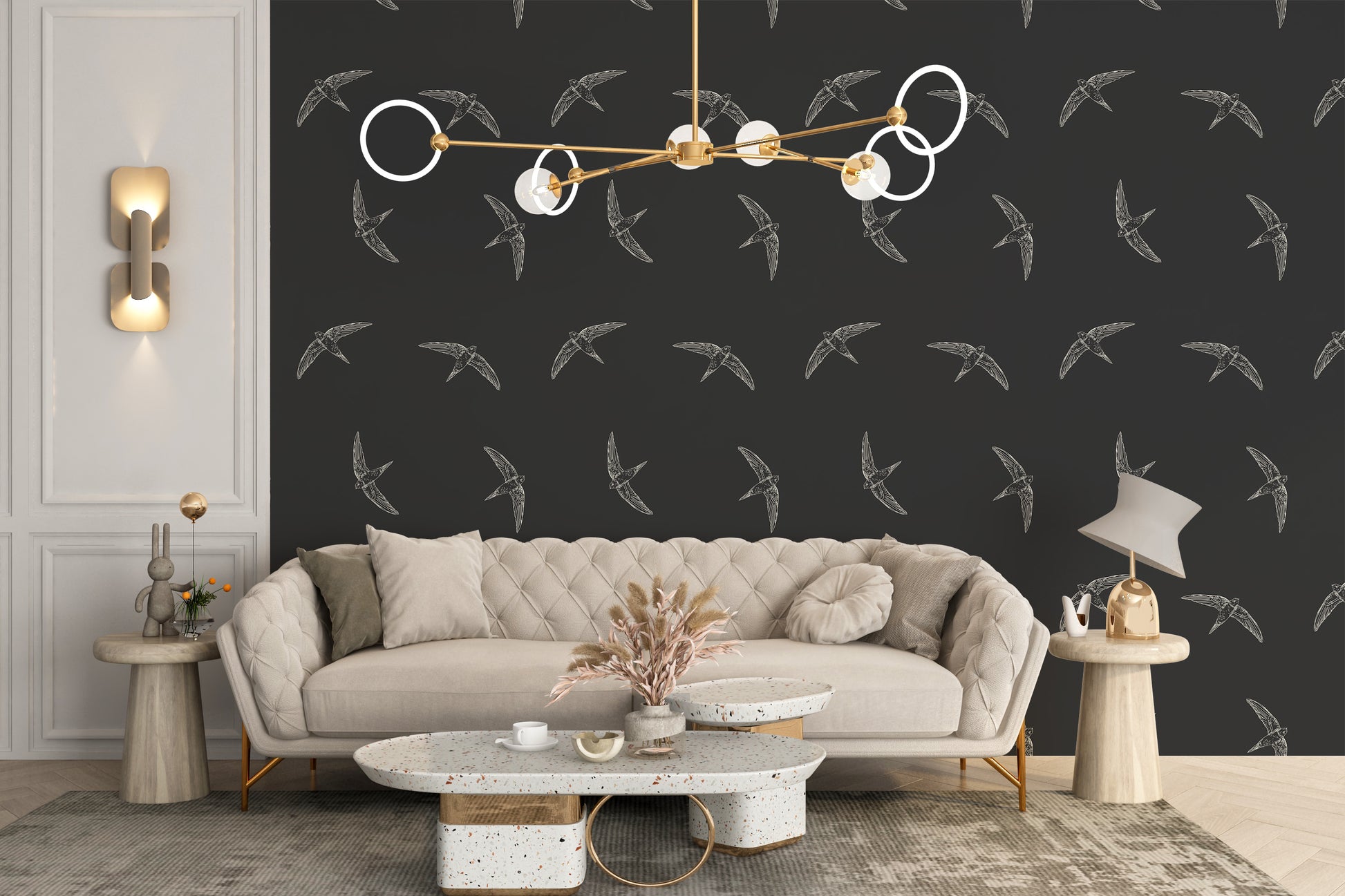 Dramatic black wallpaper with flying birds