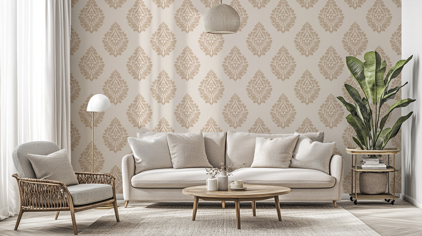 Sophisticated Victorian damask wallpaper in a soft beige tone.