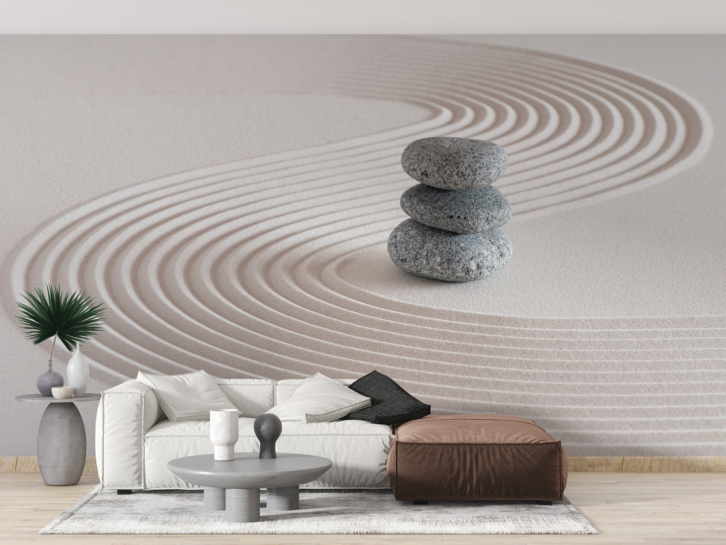 Zen garden mural with stacked stones
