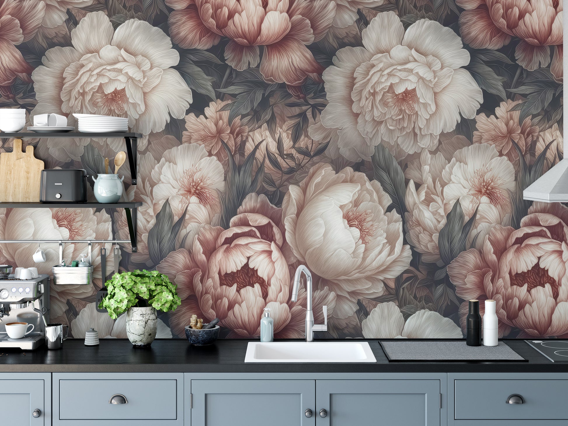 Fresh floral style in Peony Flower Wallpaper Mural for Kitchen