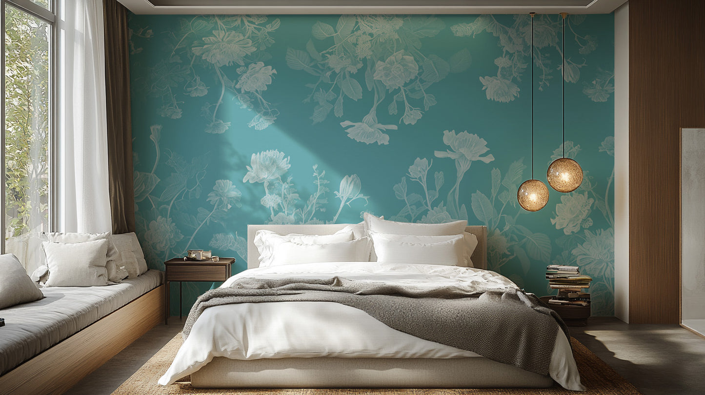 Bedroom Blue Flowers Wallpaper Mural