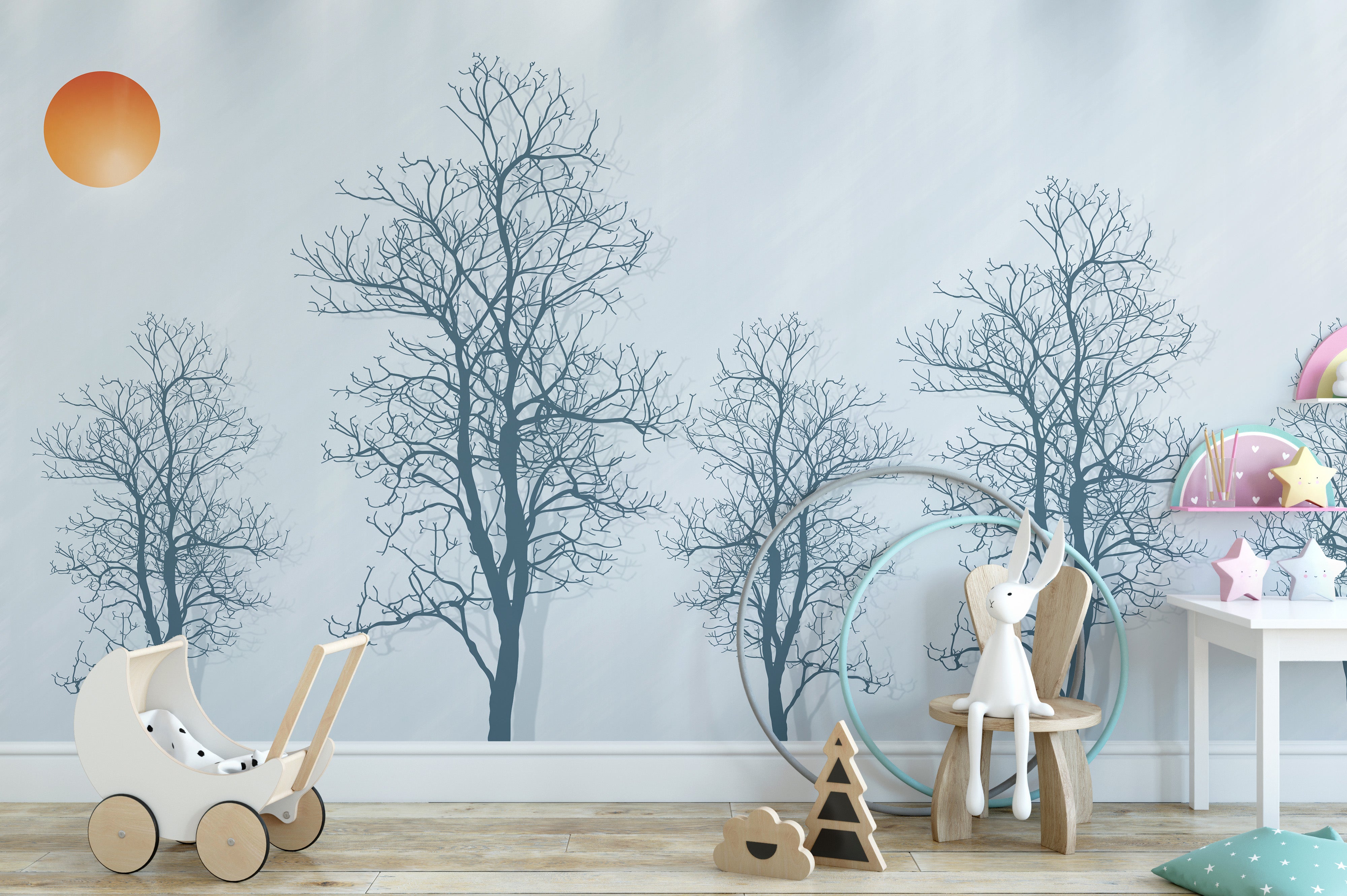 Contoured trees and red sun mural for nature-inspired interiors.
