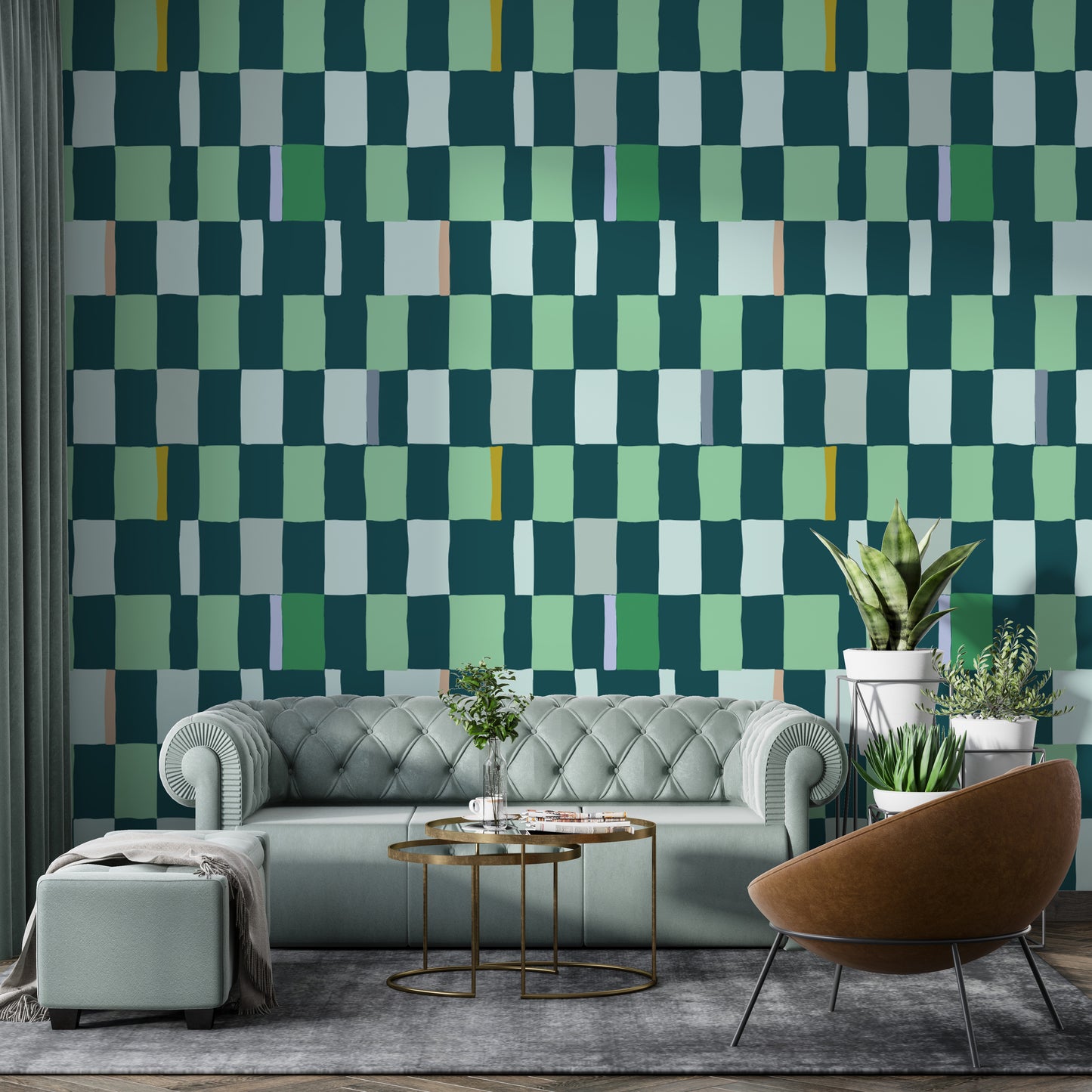 Contemporary chic checkered wallpaper for bright summer spaces.
