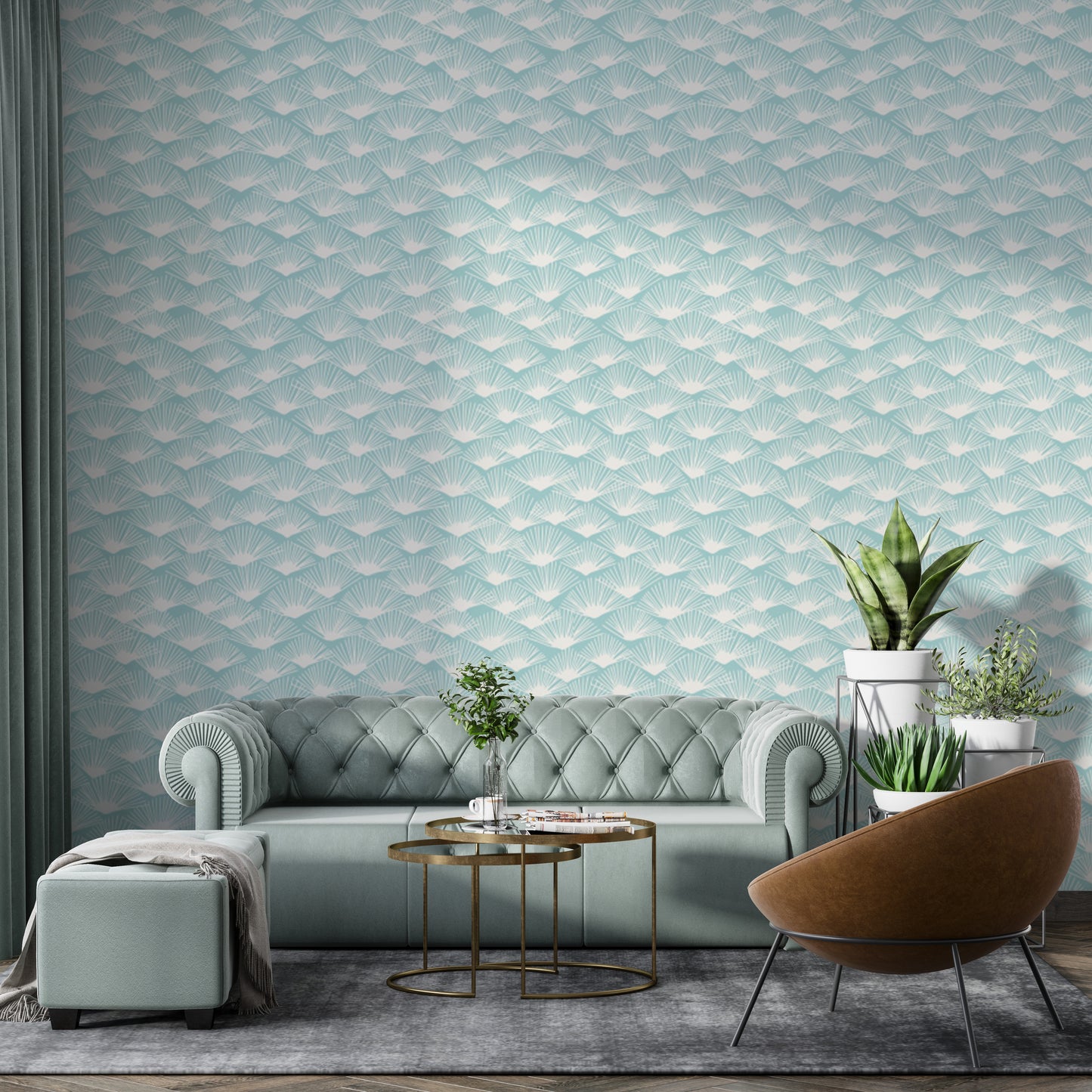 Abstract Aqua Fronds wallpaper mural with organic leaf shapes.
