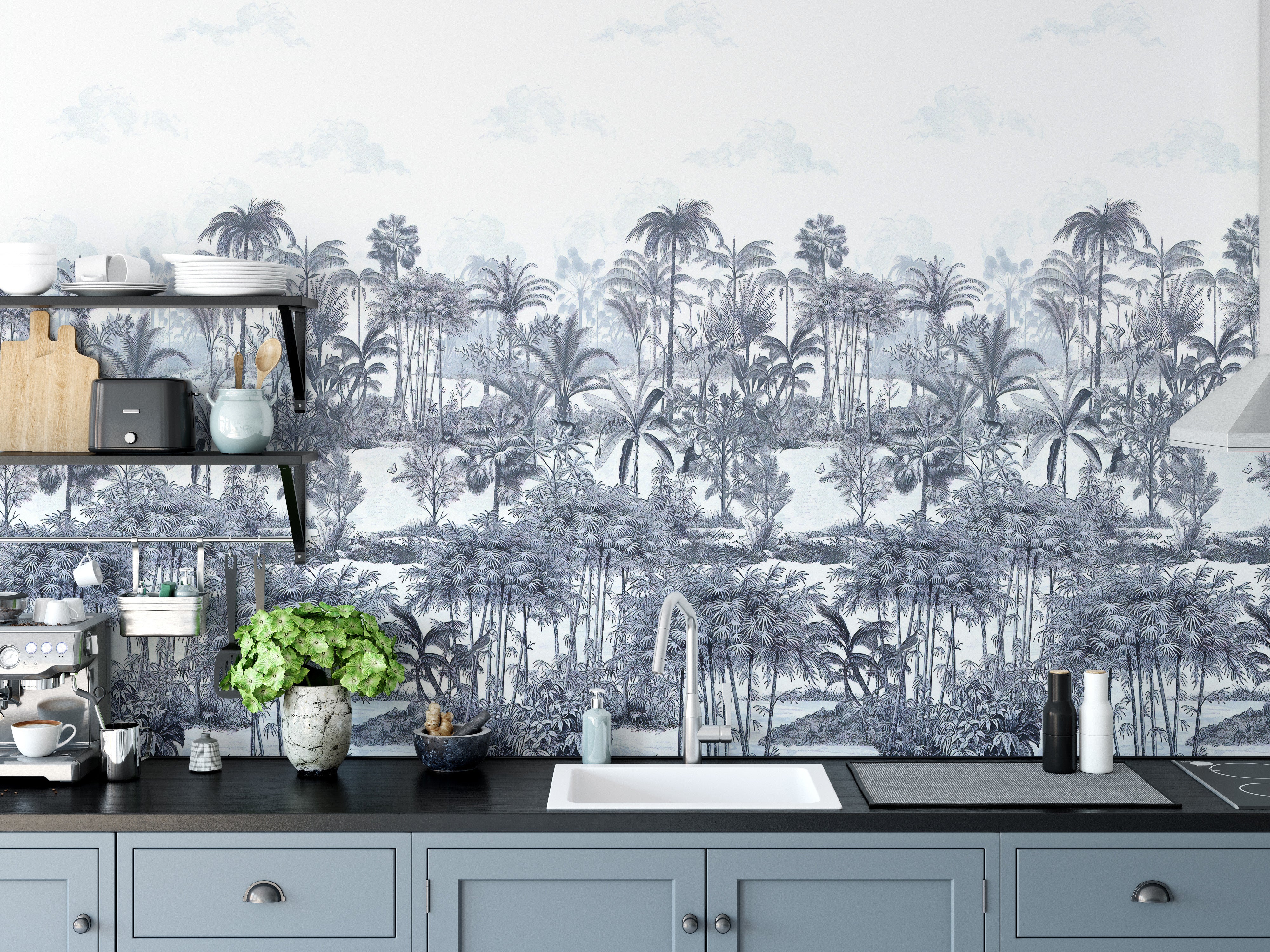 Artistic palm trees in blue tones mural art
