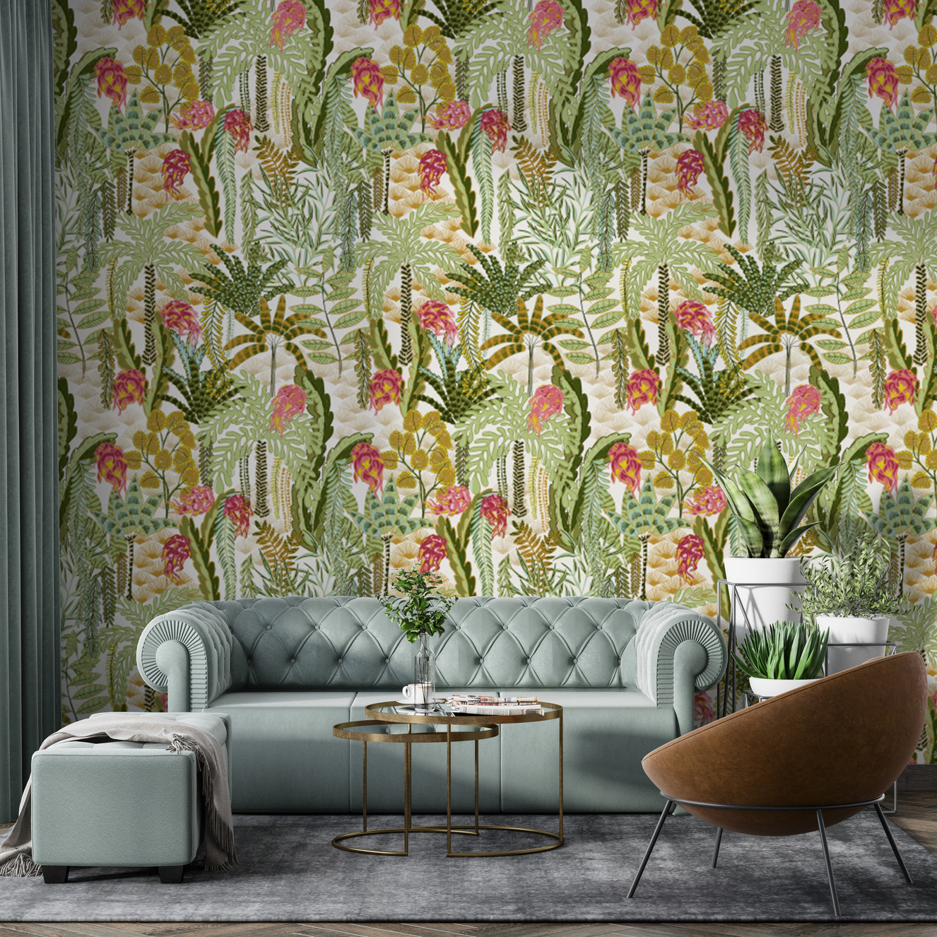 Vibrant Jungle Canopy wallpaper with lush green foliage designs.
