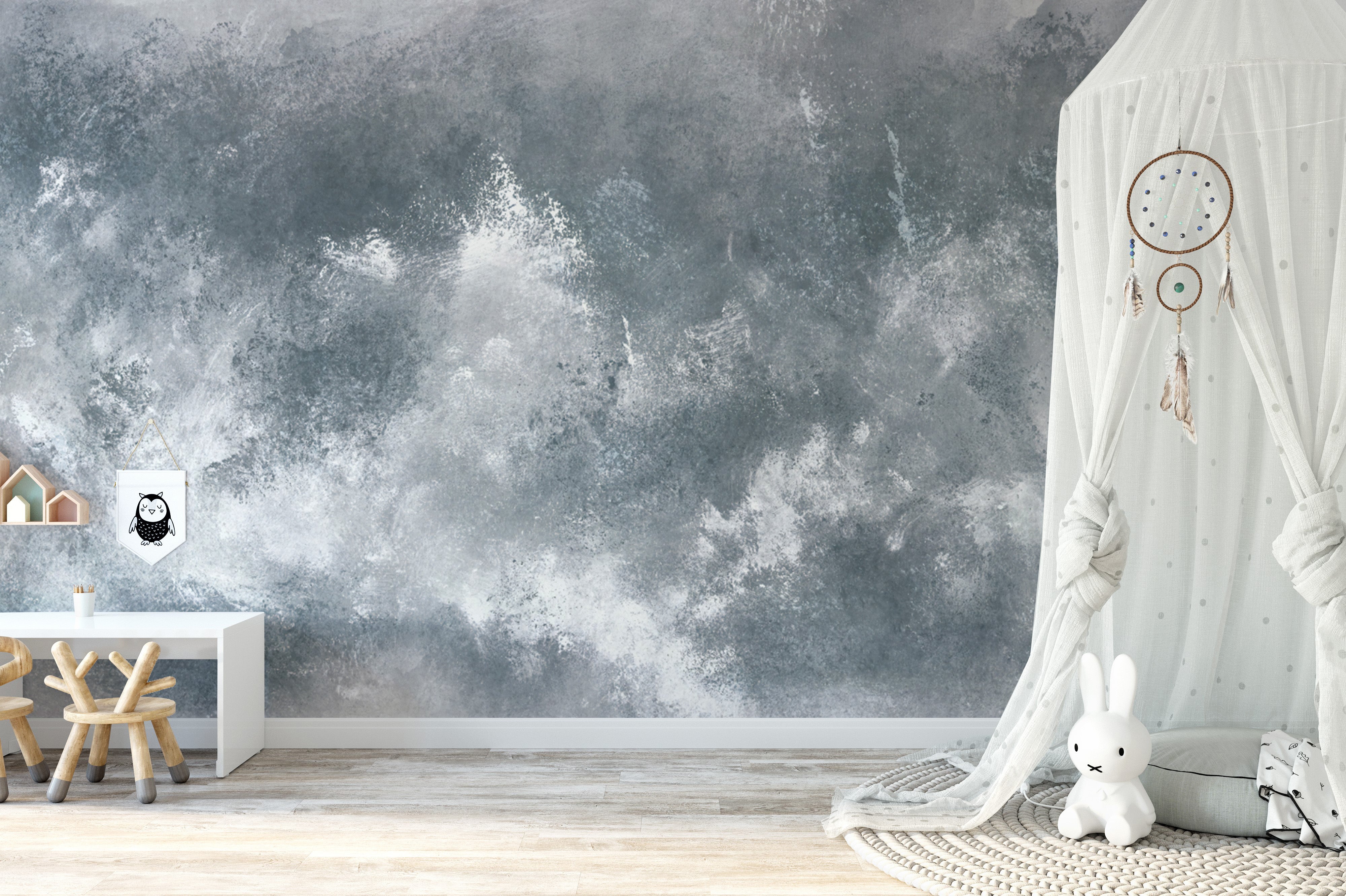 Sophisticated grey grunge mural with minimalist abstract design.
