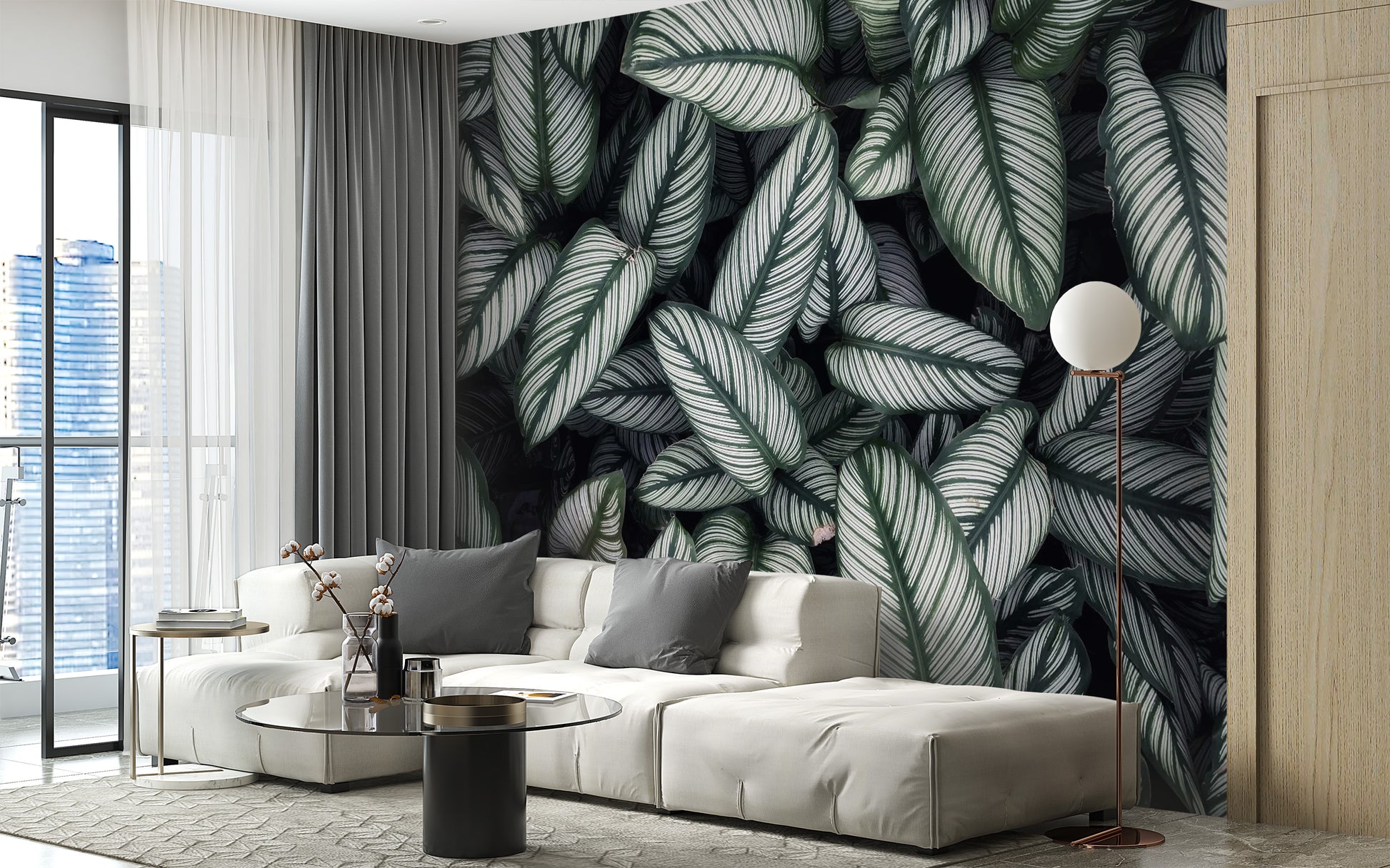 Fresh Green White Leaves Wallpaper Mural for serene rooms
