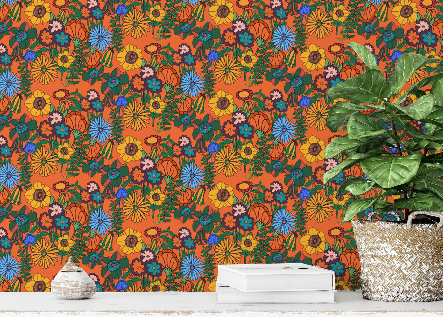 Brighten interiors with Retro 60s Floral Orange Wallpaper