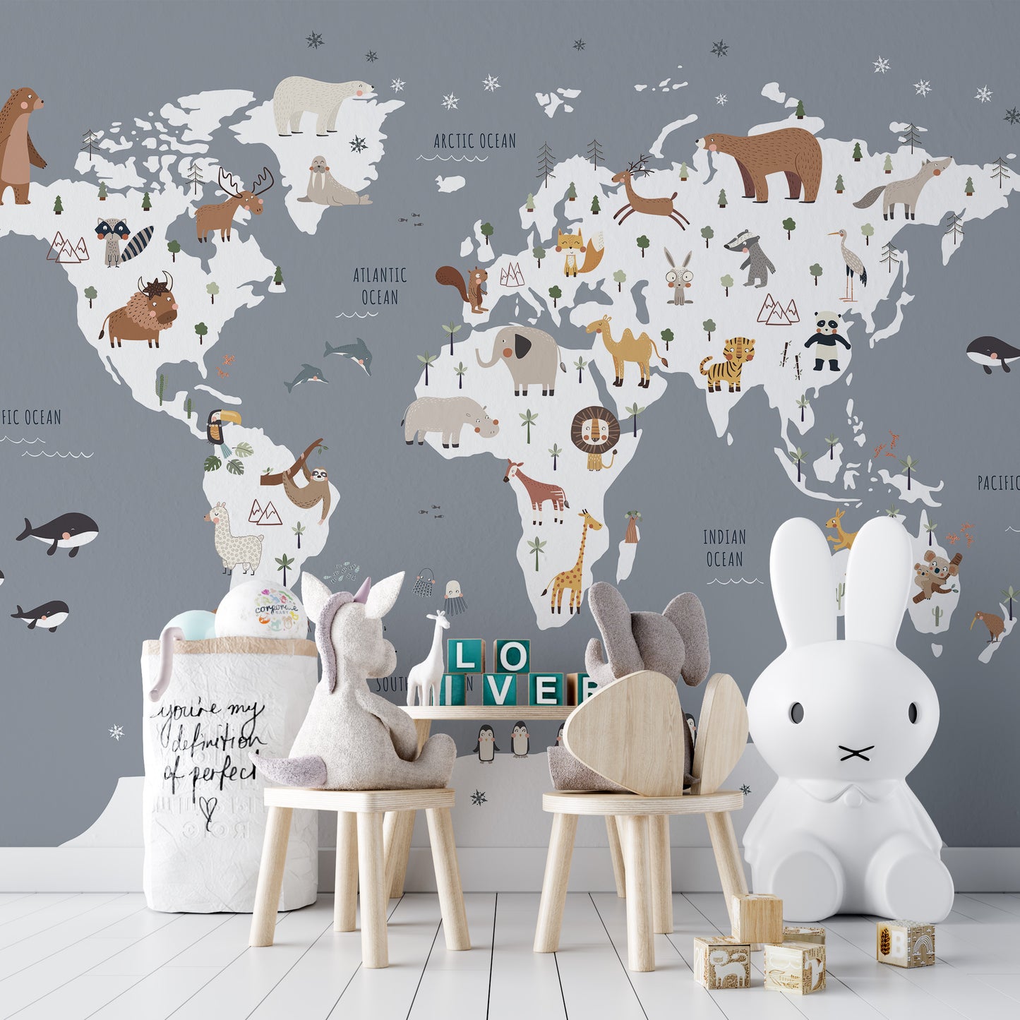 Kids wallpaper with cartoon animals and maps
