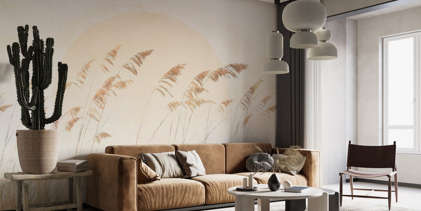 Natural reed-inspired wallpaper mural in beige