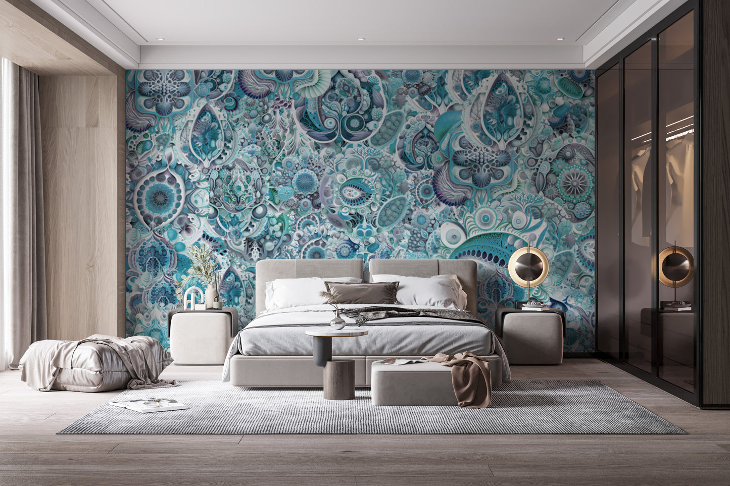 Transform your space with blue Haeckel abstract wallpaper murals.