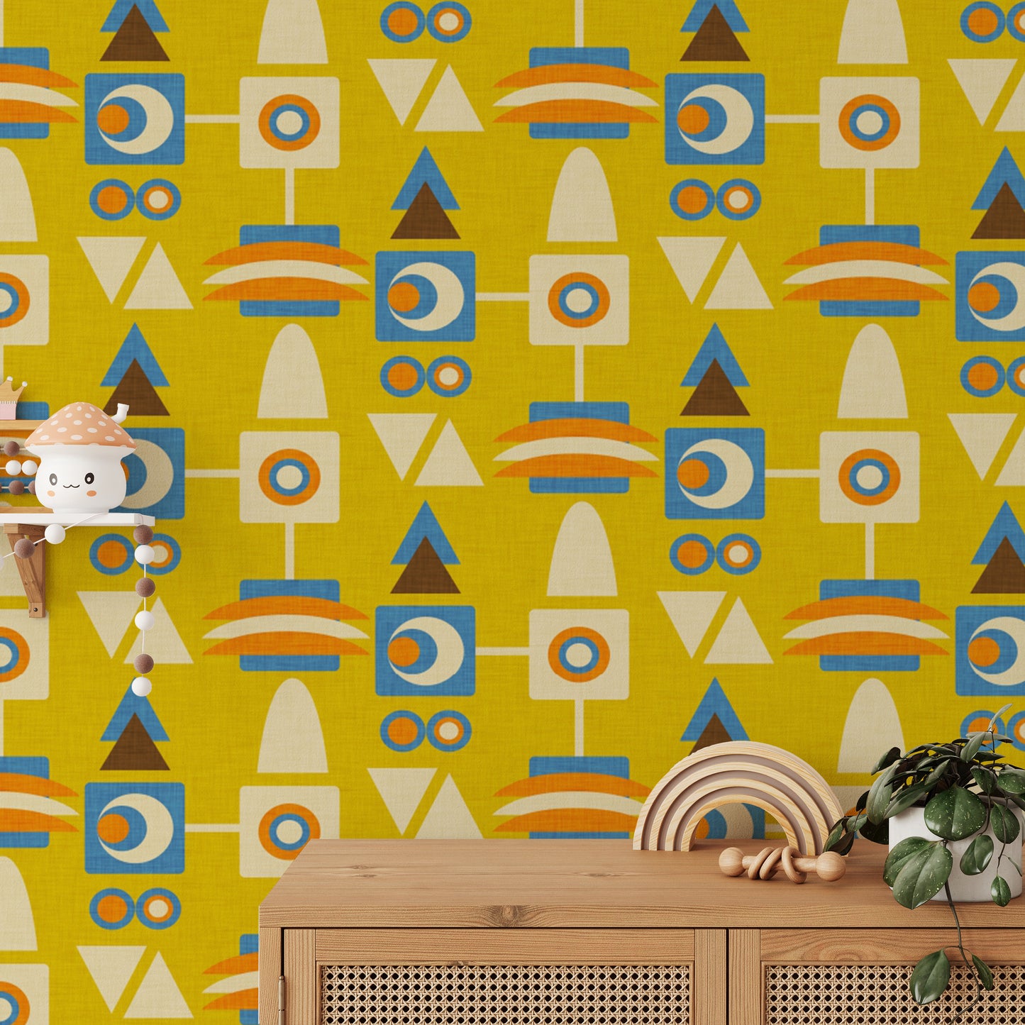 Stylish 70s geometric mural with yellow accents
