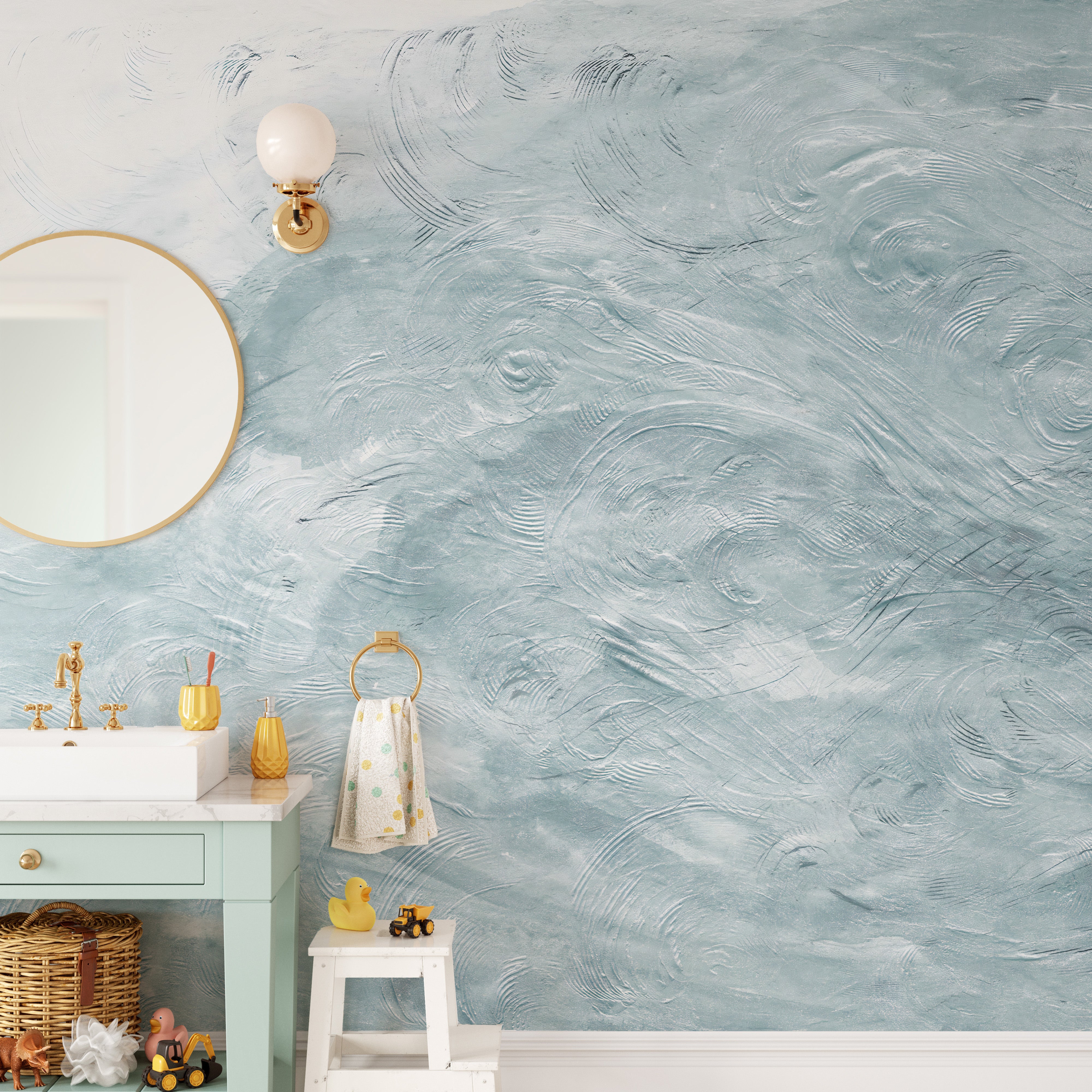 Soft watercolor blue waves mural for rooms